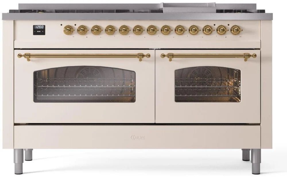 ILVE Nostalgie II 60-Inch Dual Fuel Natural Gas Range - Antique White with Brass Trim (UP60FNMPAWG) - Perfect for Vintage-Style Kitchens & Gourmet Cooking