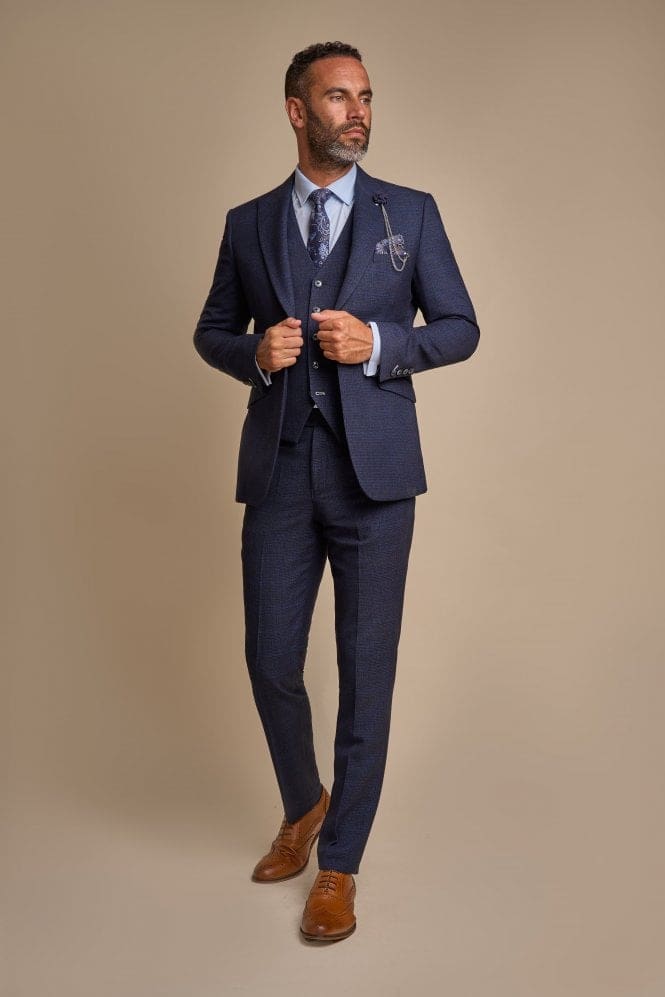 Cavani Caridi Men's Navy Slim Fit Tweed Check Blazer Jacket | Formal Business Suit | Perfect for Office, Weddings & Special Occasions