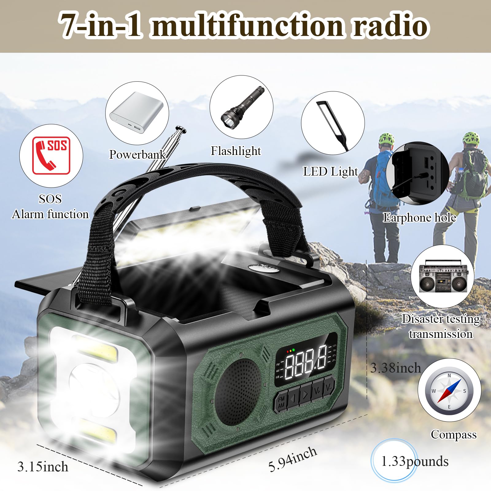 12000mAh Solar Powered Emergency Weather Radio with NOAA Alerts - AM/FM/NOAA Weather Radio, 2 Solar Panels, USB Charging Port, SOS Alarm, Flashlight, Phone Charger, Compass & Reading Lamp - Perfect for Camping, Hiking and Emergency Preparedness