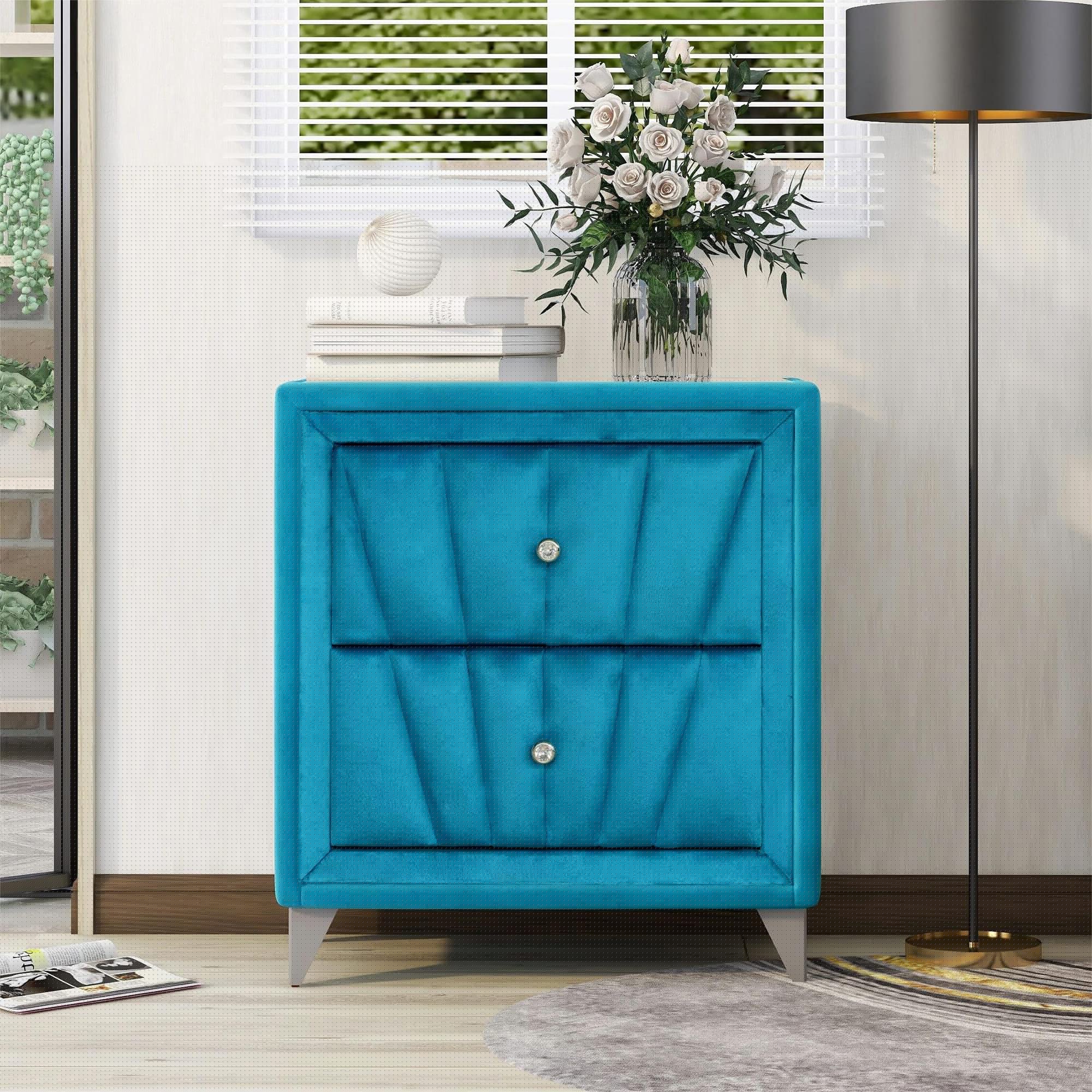 Luxury Upholstered Nightstand with 2 Storage Drawers - Wooden Bedside Table with Velvet Fabric & Glass Top for Bedroom Decor (Lake Blue) | Perfect for Small Spaces, Master Bedrooms & Guest Rooms