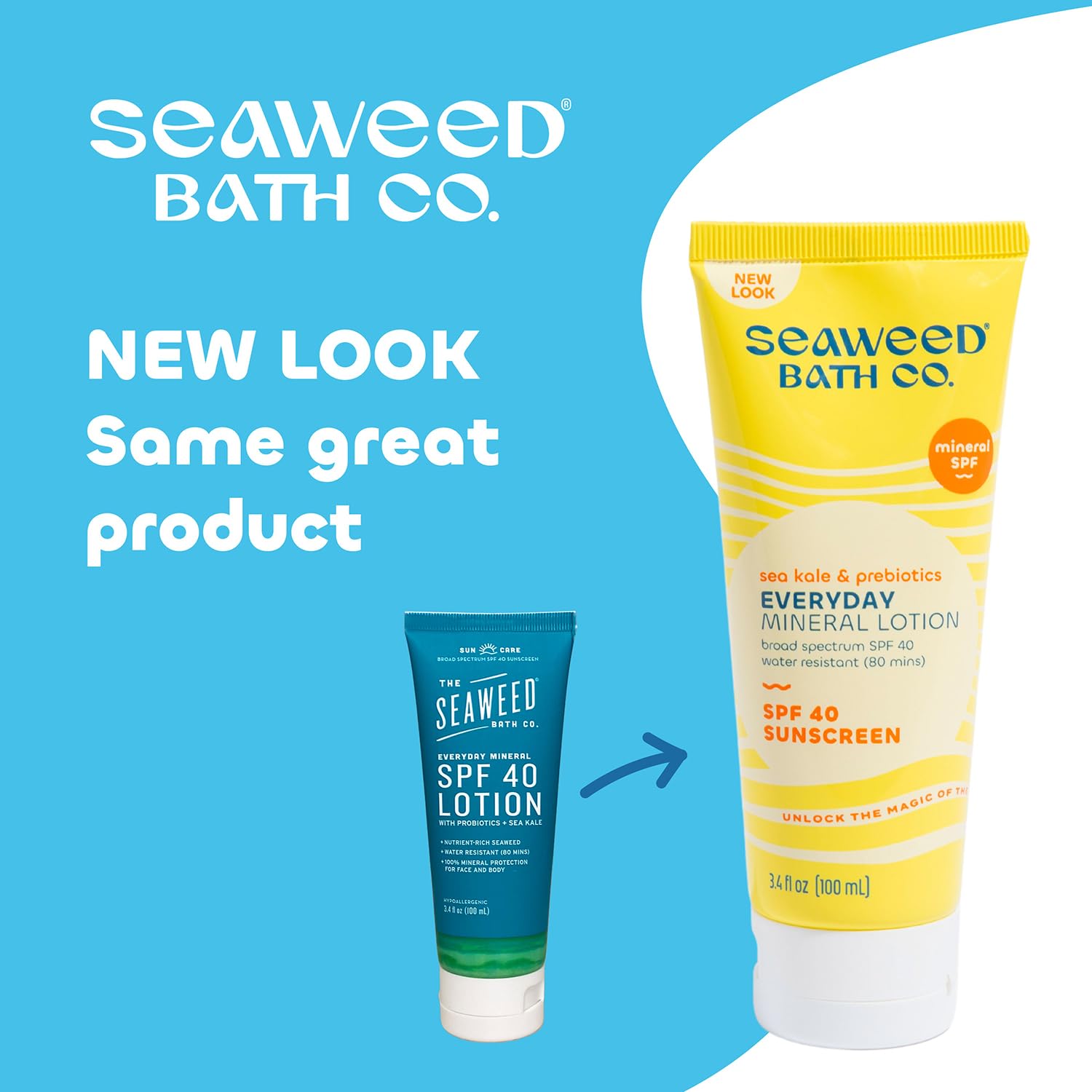 Seaweed Bath Co. Mineral SPF 40 Sunscreen Lotion - Broad Spectrum UVA/UVB Protection, 3.4 oz, Natural & Reef-Safe with Sustainably Harvested Seaweed & Sea Kale, Prebiotic Enriched - Perfect for Daily Face & Body Use at Beach, Pool, or Outdoor Activities