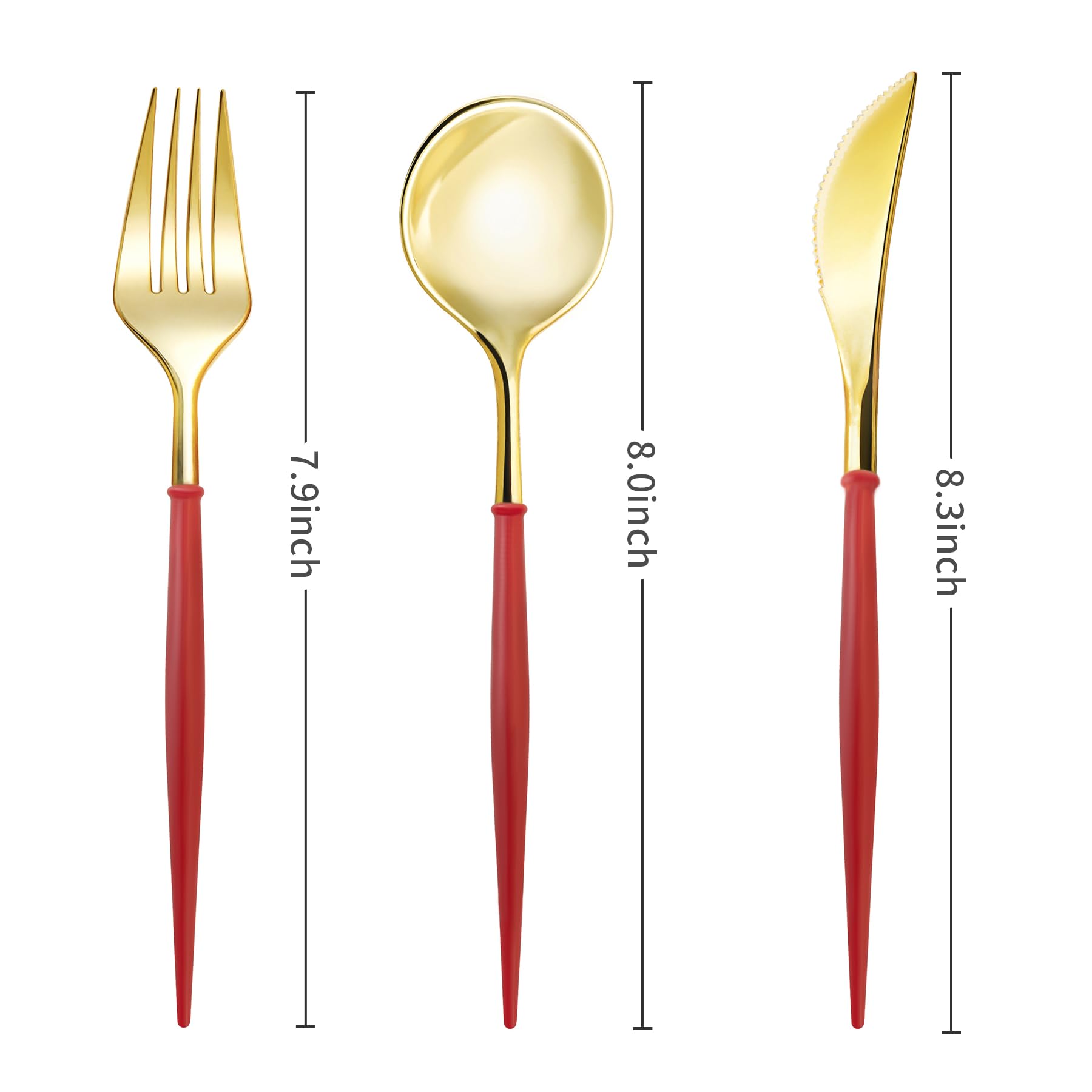 Premium 150-Piece Gold Plastic Cutlery Set - Heavy Duty Disposable Silverware with Burgundy Handle (50 Spoons, 50 Forks, 50 Knives) for Wedding Receptions, Birthday Parties, Catering Events & Elegant Dinner Gatherings