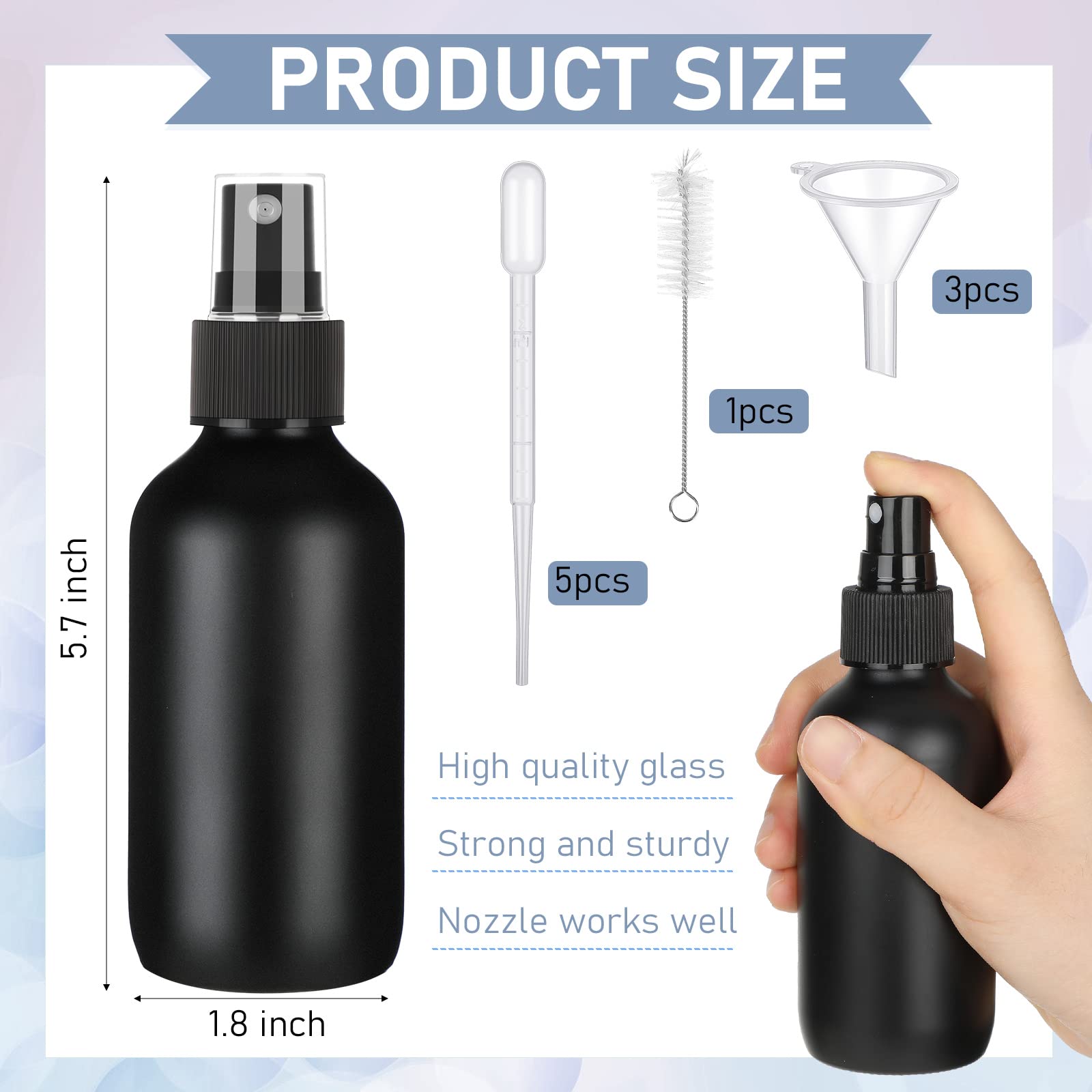 100 Pcs 4 oz Mini Glass Spray Bottles - Empty Small Essential Oil Bottles with Fine Mist Nozzle, 3 Funnels, 5 Droppers & Cleaning Brush - Perfect for Hair Care, Travel, Plants, Perfumes & DIY Beauty Products (Black)
