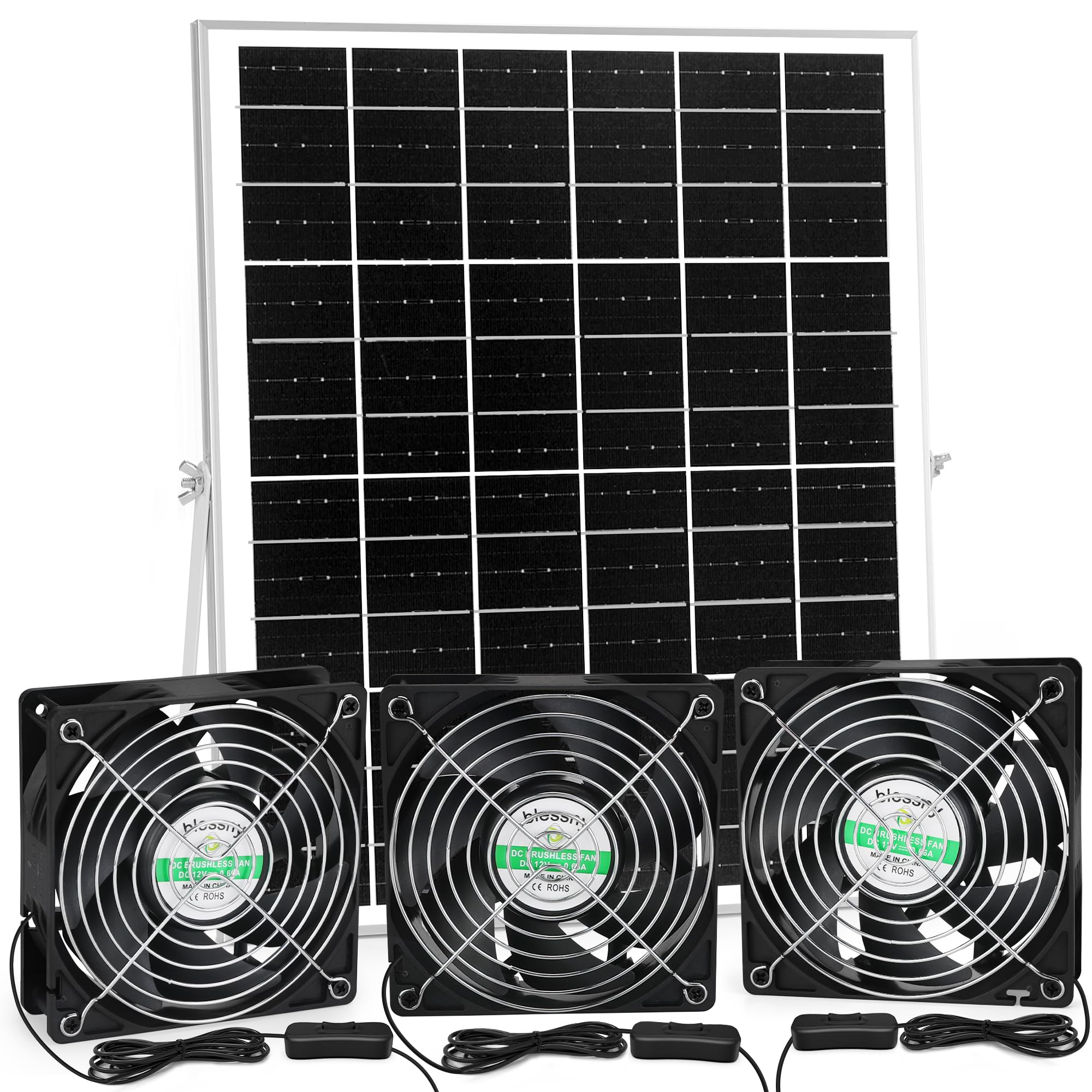 Solar Powered 3 Fan Kit - 25W Solar Panel with 15 ft Cord for Chicken Coop, Greenhouse & Outdoor Ventilation - IP67 Waterproof, 3500RPM - Perfect for Air Circulation in Poultry Houses, Grow Tents & Sheds