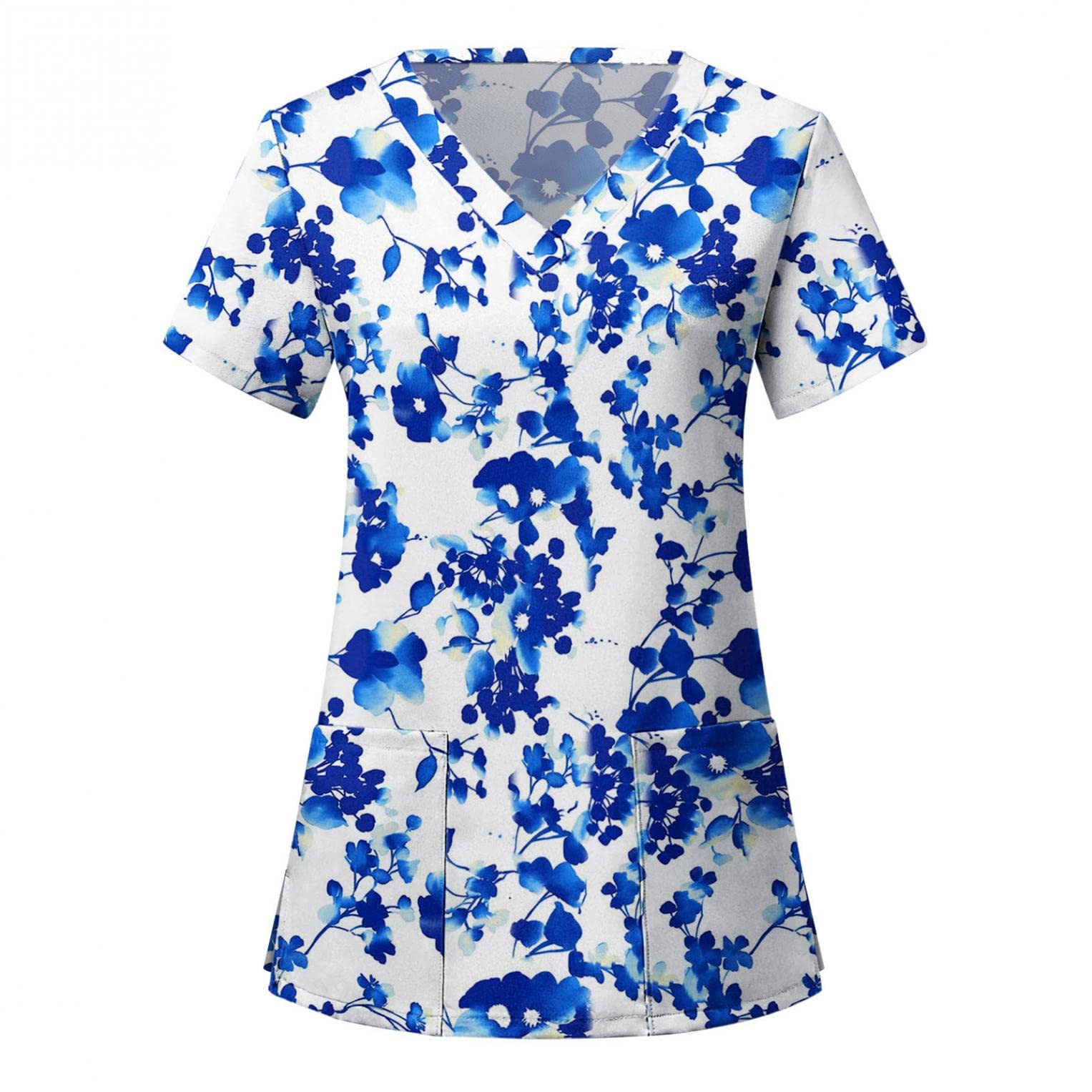 Women's Floral Print V-Neck Nursing T-Shirts - Short Sleeve Pocket Work Uniform Tops for Nurses | Comfortable Scrubs for Hospital Shifts & Medical Professionals