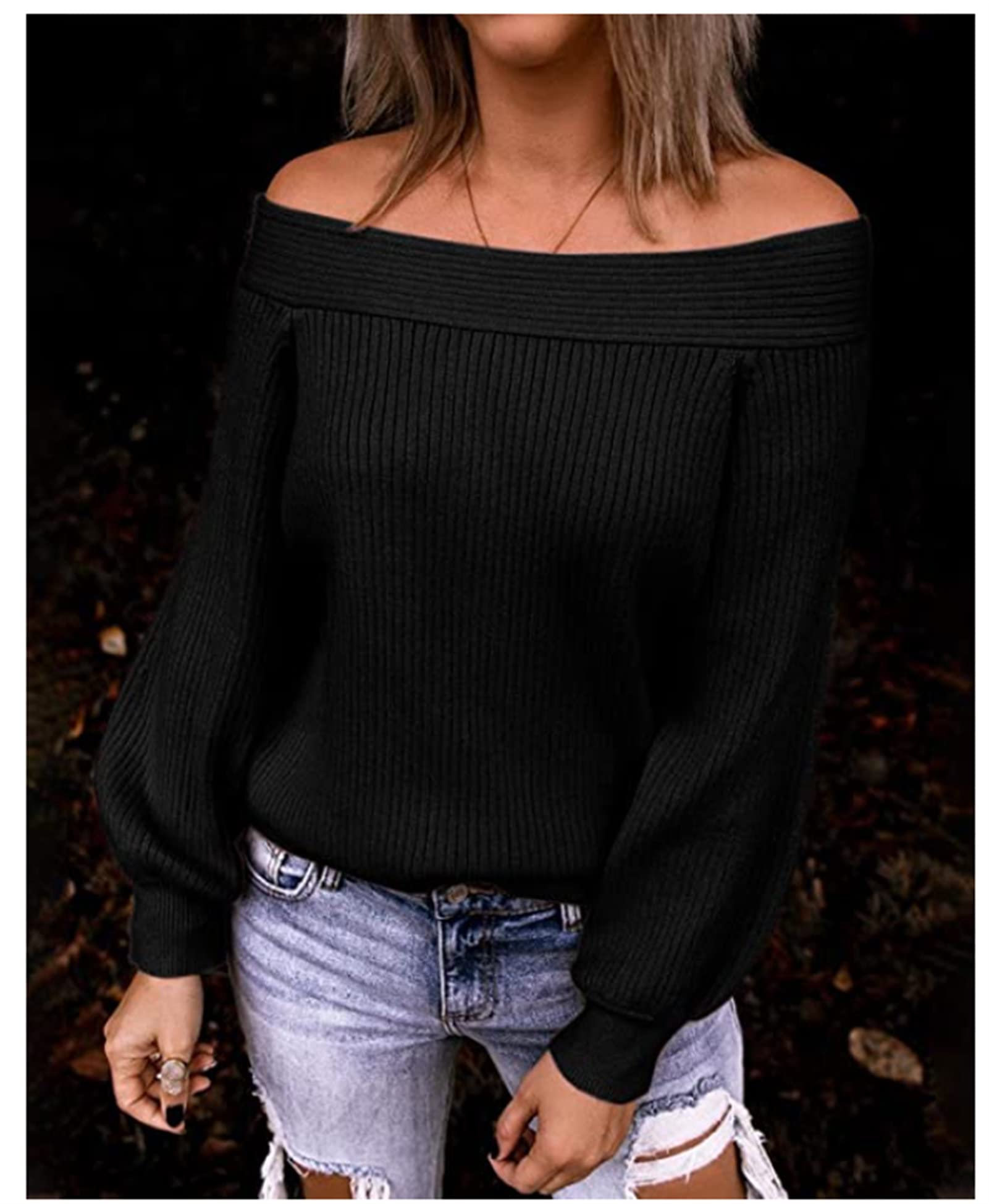 Women's Off Shoulder Sweater - Long Sleeve Loose Batwing Sleeves Pullover Knit Jumper, Casual Oversized Waffle Tunic Tops for Fall & Winter, Perfect for Date Nights, Office Wear and Weekend Outfits