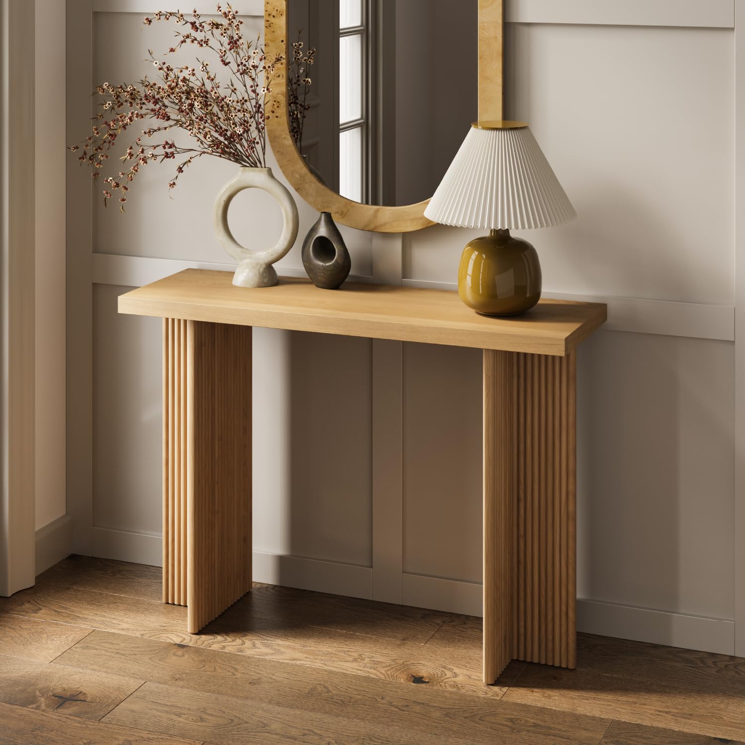 Modern Fluted Console Table - Solid Wood Narrow Entryway Table for Small Spaces - Natural Oak Living Room Furniture - Perfect for Hallway, Foyer & Apartment Decor