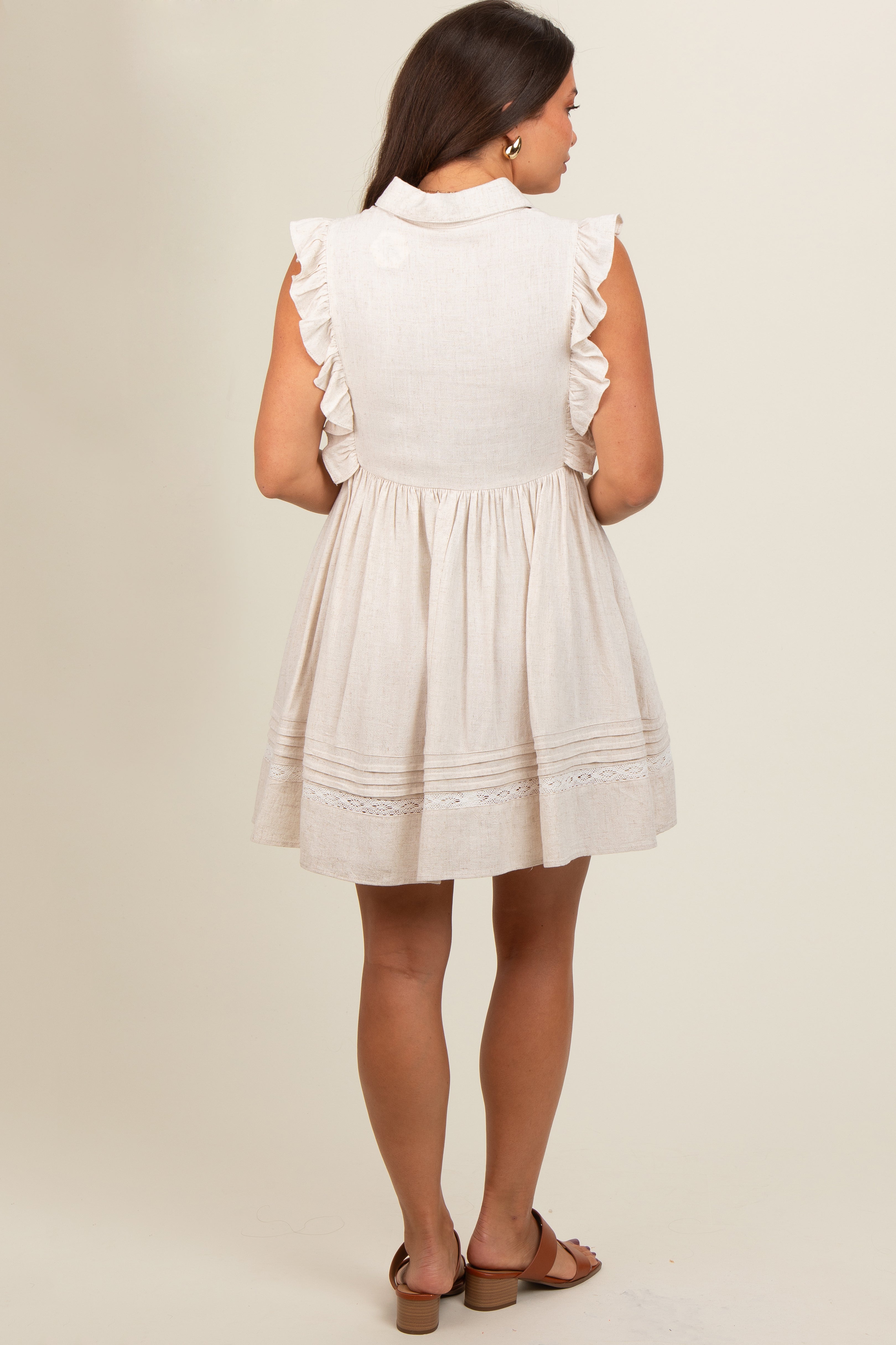 Beige Button Front Flutter Sleeve Maternity Mini Dress for Pregnancy - Comfortable & Stylish Outfit for Baby Shower, Maternity Photos & Summer Occasions