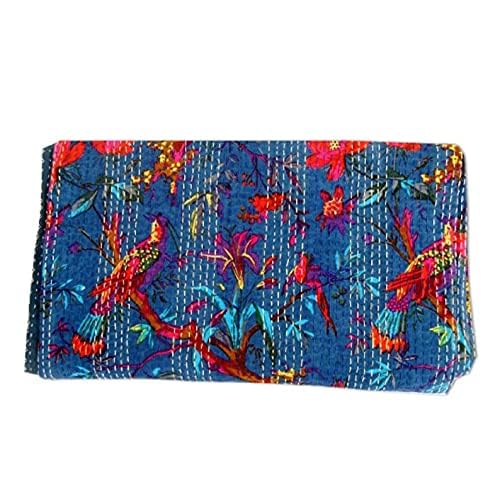 Handmade Indian Blue Bird Print Kantha Quilt - 100% Cotton Reversible Tribal Bedspread (90