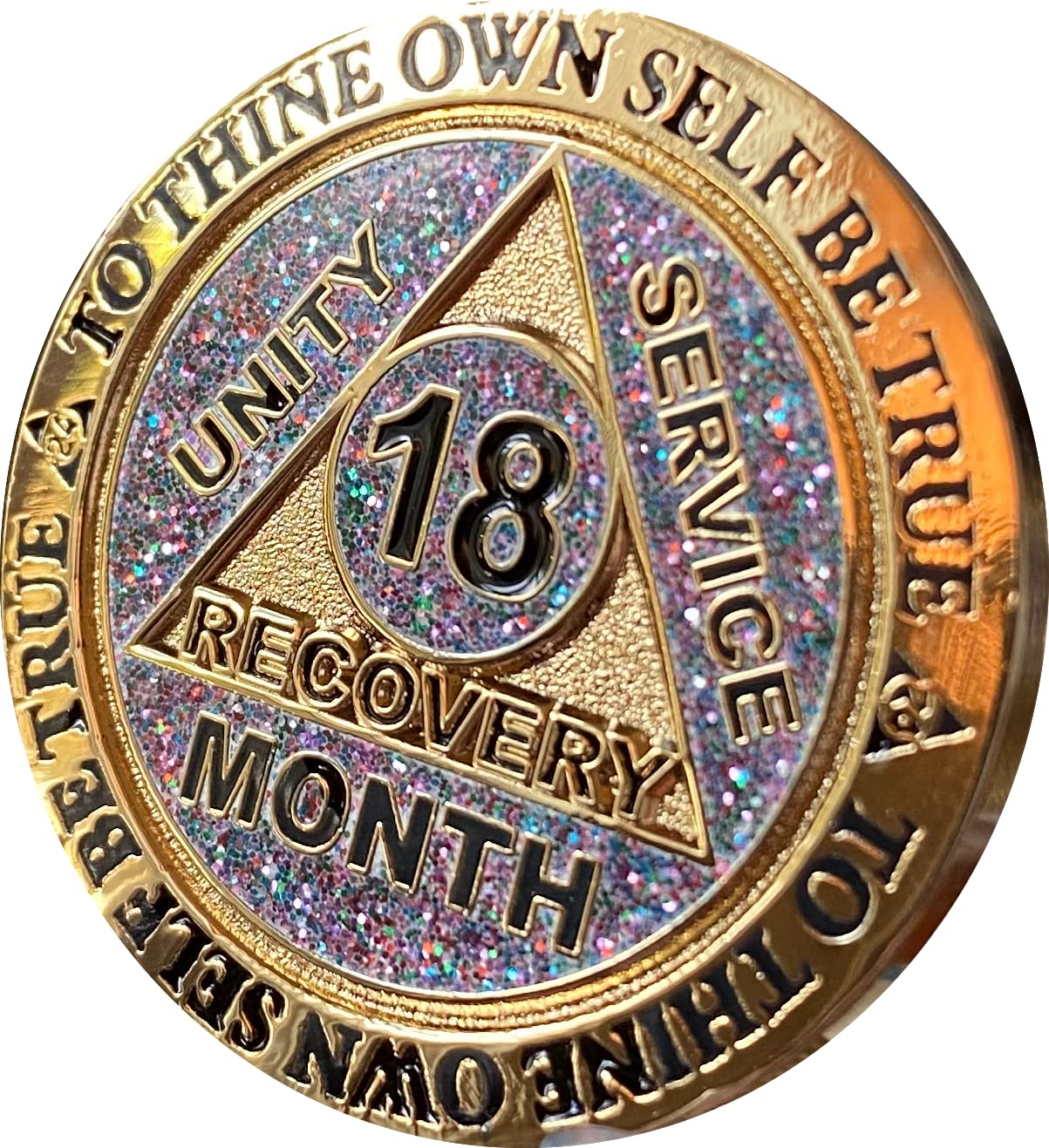 18 Month AA Medallion - Gold Sobriety Chip with Funfetti Glitter Design for Recovery Milestones | Perfect for AA Meetings, Sobriety Gifts & Celebrations
