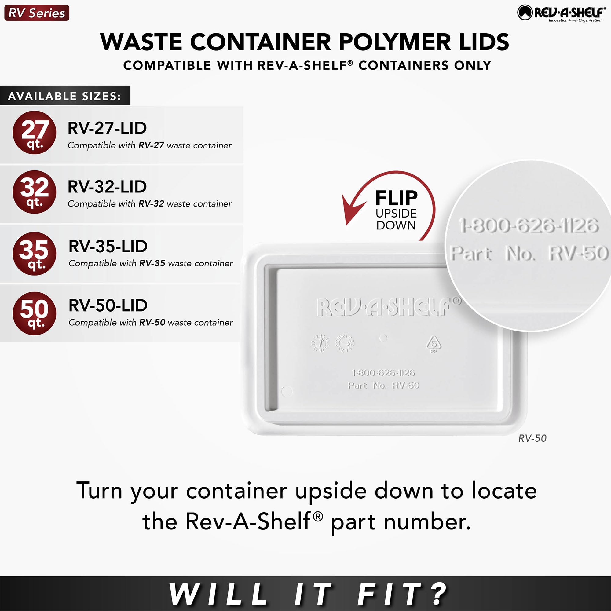 Rev-A-Shelf 35 Qt Under Sink Trash Can Lid - White Replacement Plastic Garbage Bin Cover for Kitchen & Bathroom Cabinets (RV-35-LID-1) | Perfect for RV, Camper & Small Space Organization