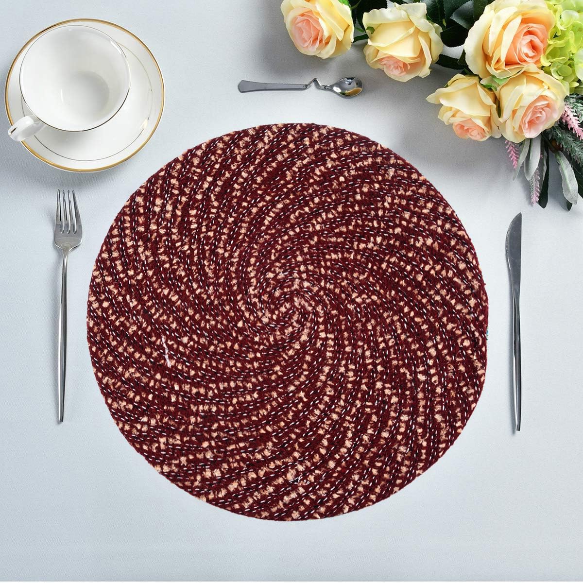 Kuber Industries 16 Inch Round Cotton Feather Table Mat - Reversible Dining & Bedside Center Table Mat for Home Decor, Small Maroon - Perfect for Coffee Tables, Nightstands, and Dining Areas