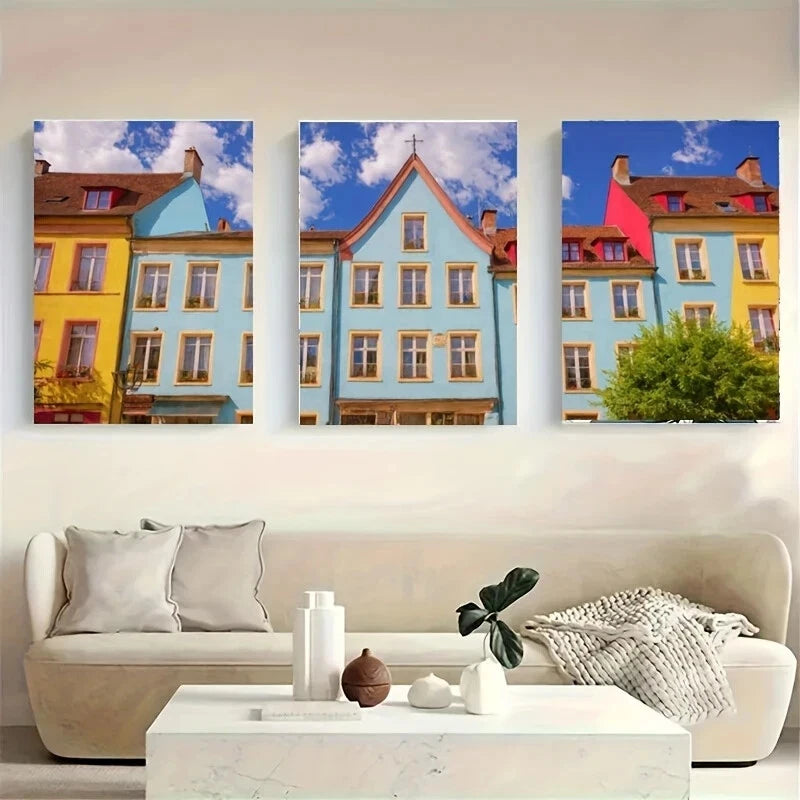 3-Piece Colorful Buildings White Wolf Metal Print Wall Art - Ready to Hang Home Decor for Living Room, Bedroom & Office