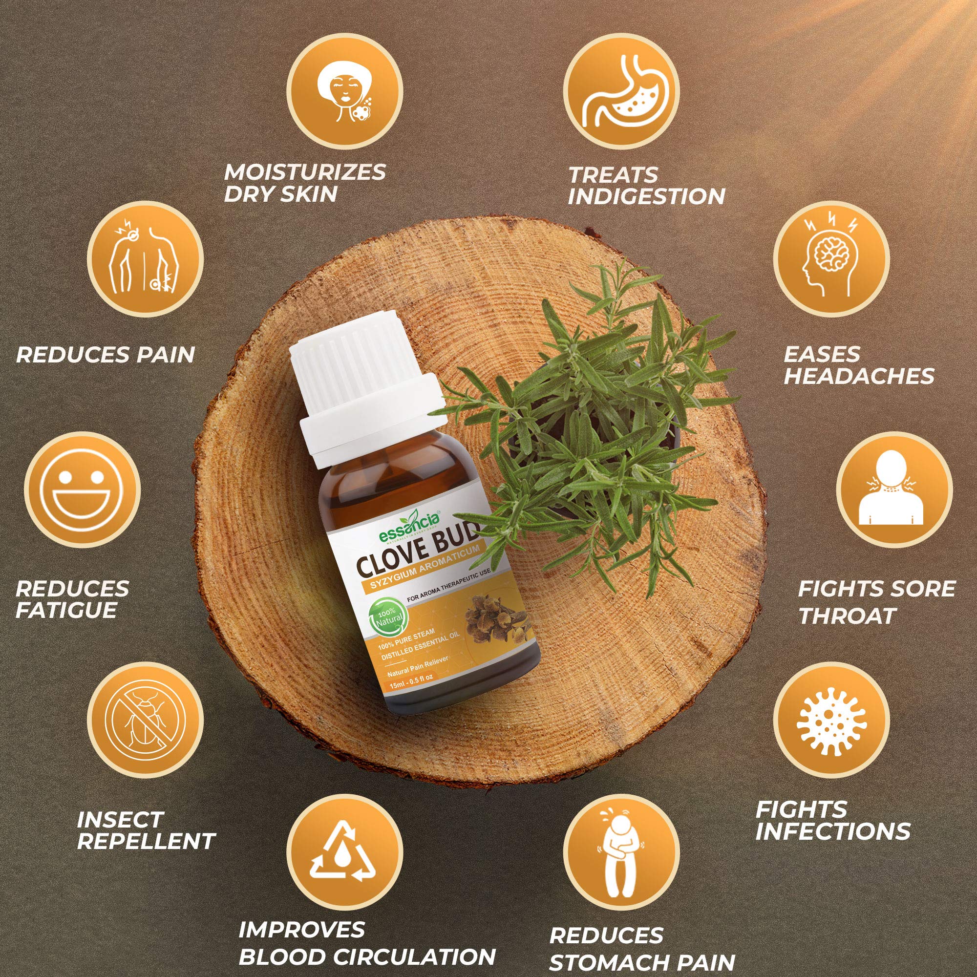 Essencia Pure Clove Bud Essential Oil - 15ml Undiluted Therapeutic Grade for Hair Care, Acne, Teeth Health, Skin & Relaxation | Aromatherapy, Diffuser, Face & Body Use | Natural Remedy for Stress Relief & Wellness