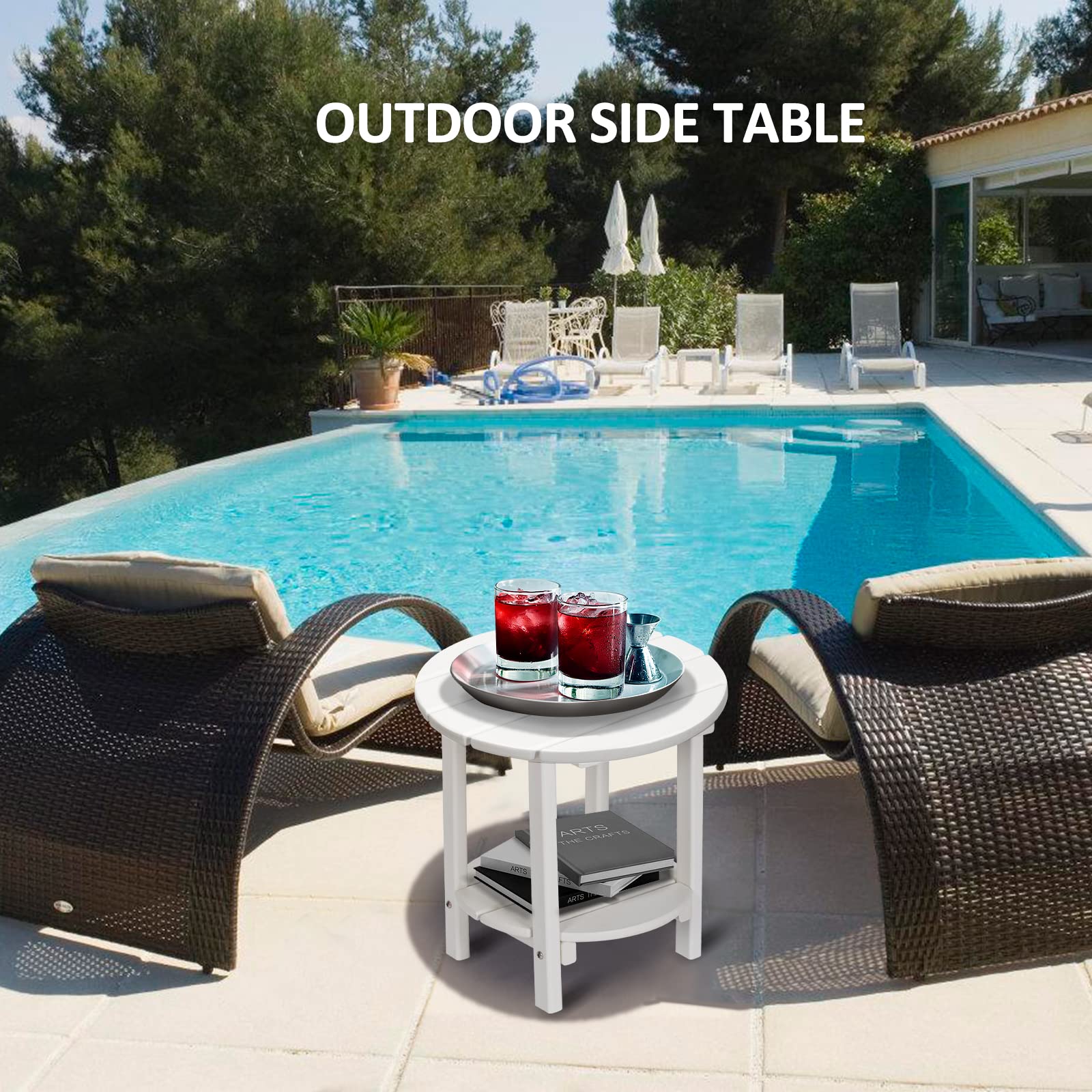 2-Tier Outdoor Side Table - Weather-Resistant HDPE Adirondack Patio End Table - Round White Small Outdoor Furniture for Poolside, Garden & Deck Use