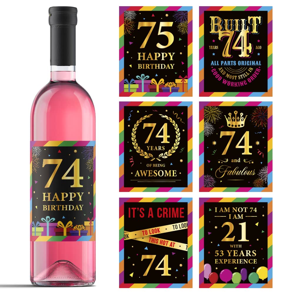 74th Birthday Wine Labels - 6-Pack Personalized Wine Bottle Stickers for 74th Birthday Party Decorations, Anniversary Gifts & Celebrations - Perfect for Wine Lovers, Milestone Birthdays & Special Occasions