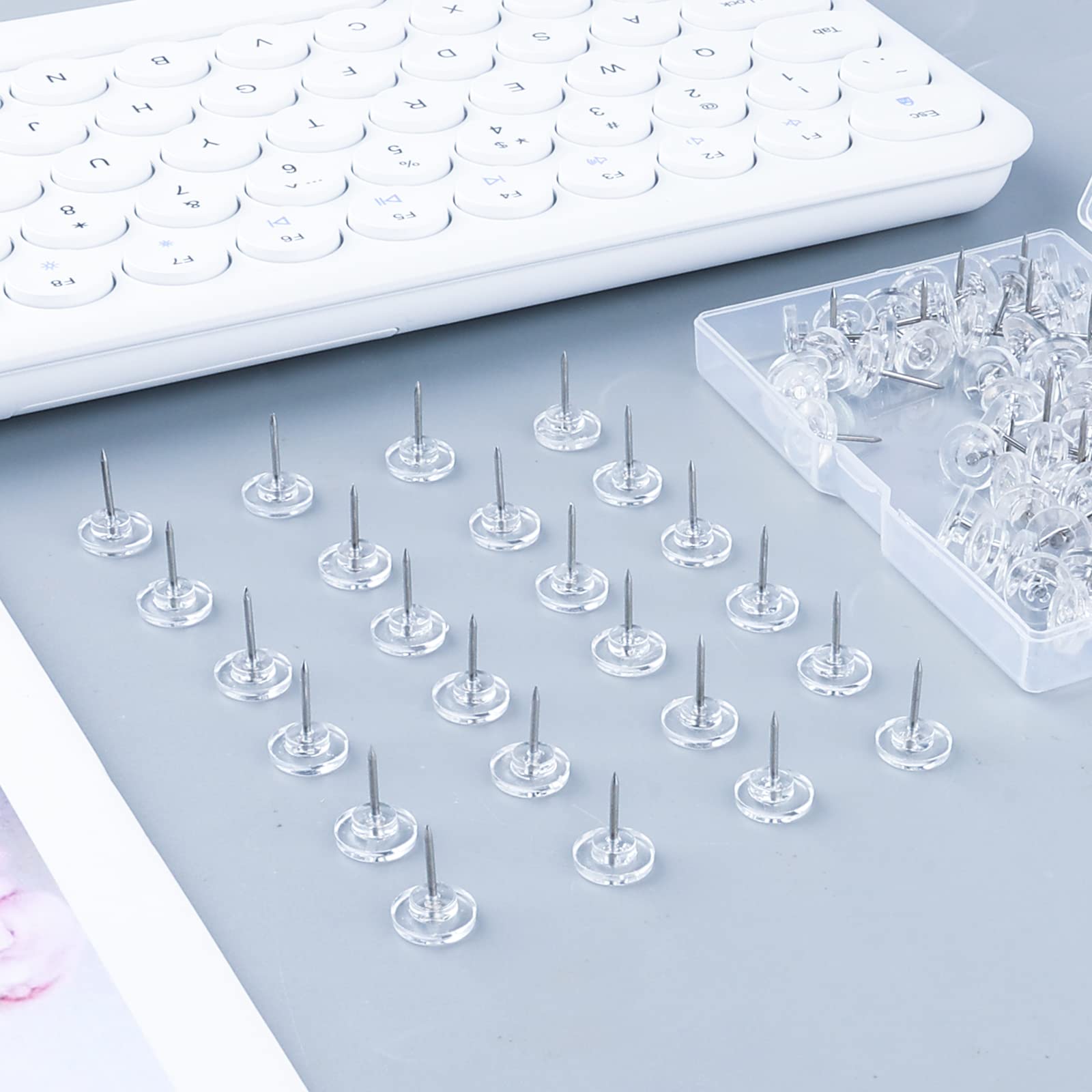 AIEX 100pcs Clear Plastic Push Pins with Steel Point - Thumb Tacks for Cork Board, Bulletin Board & Wall (White) - Perfect for Office, School, Home & DIY Projects