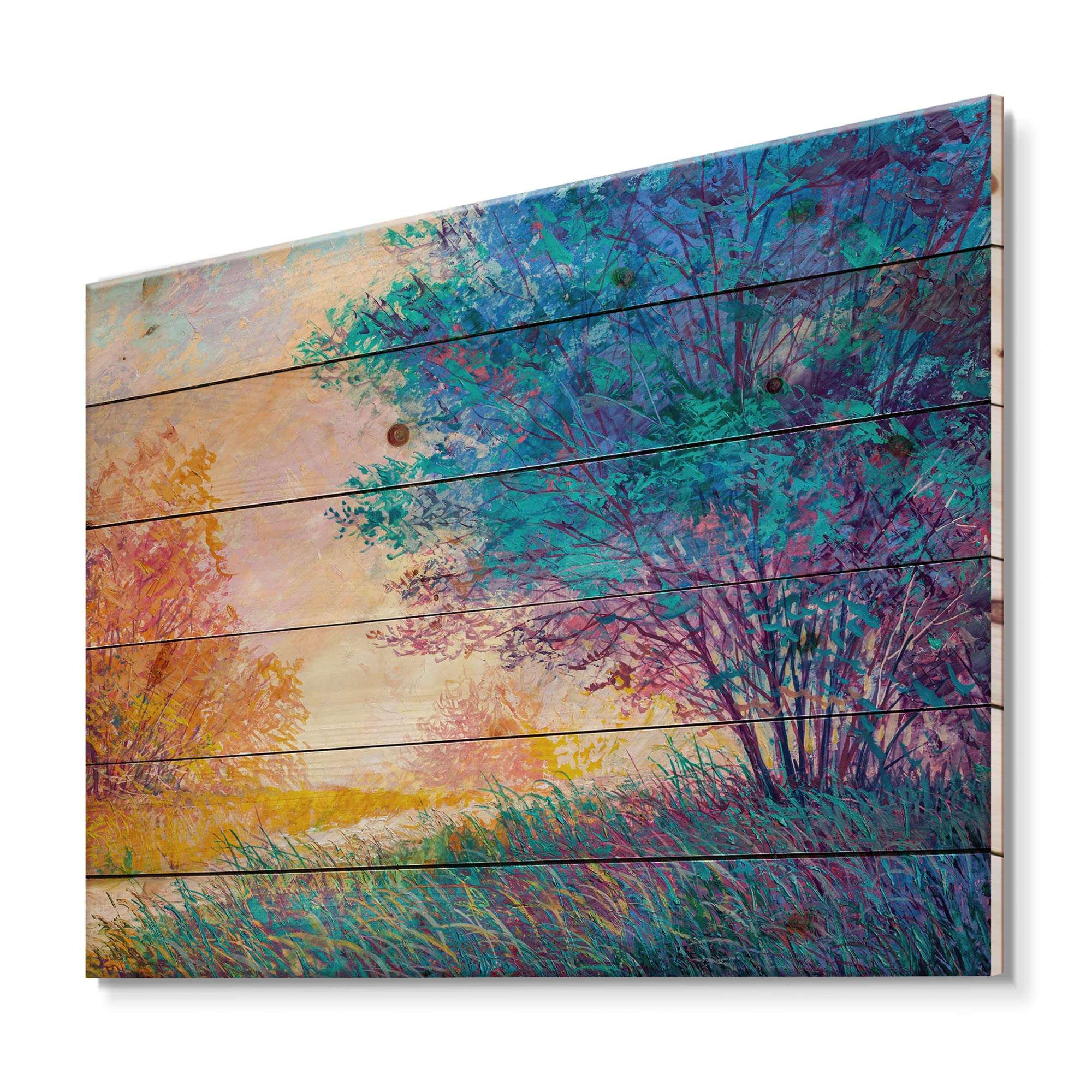 DesignQ Autumn Sunset Landscape Wood Wall Art - Traditional Blue Wooden Wall Decor, Large Pine Wood Panel Print - Perfect for Living Room, Bedroom & Office Decor