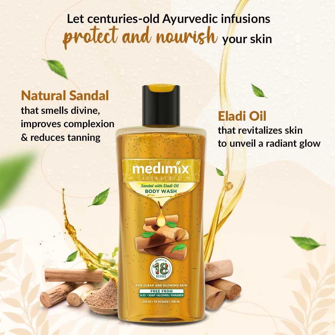 Medimix Ayurvedic Body Wash with Sandal & Eladi Oil - 250ml + 50ml | Herbal Shower Gel for Clear, Glowing & Tan-Free Skin | Paraben & Sulfate Free | Perfect for Daily Skincare & Relaxing Bath Time