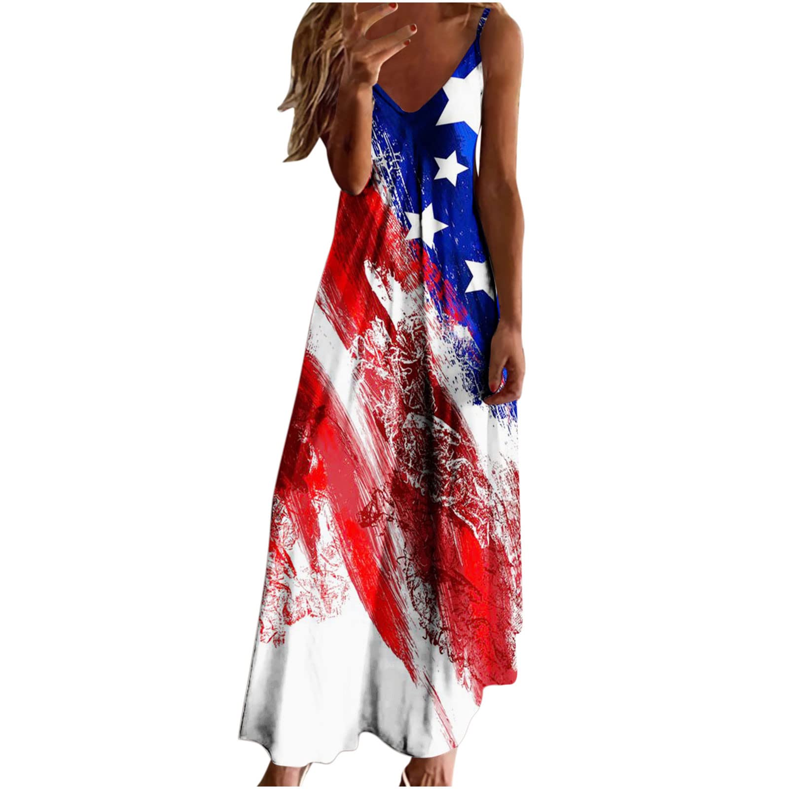 SHOPESSA Women's 4th of July Patriotic Dress - American Flag Graphic Casual Fitted Summer Dress for BBQ, Beach & Independence Day Celebrations