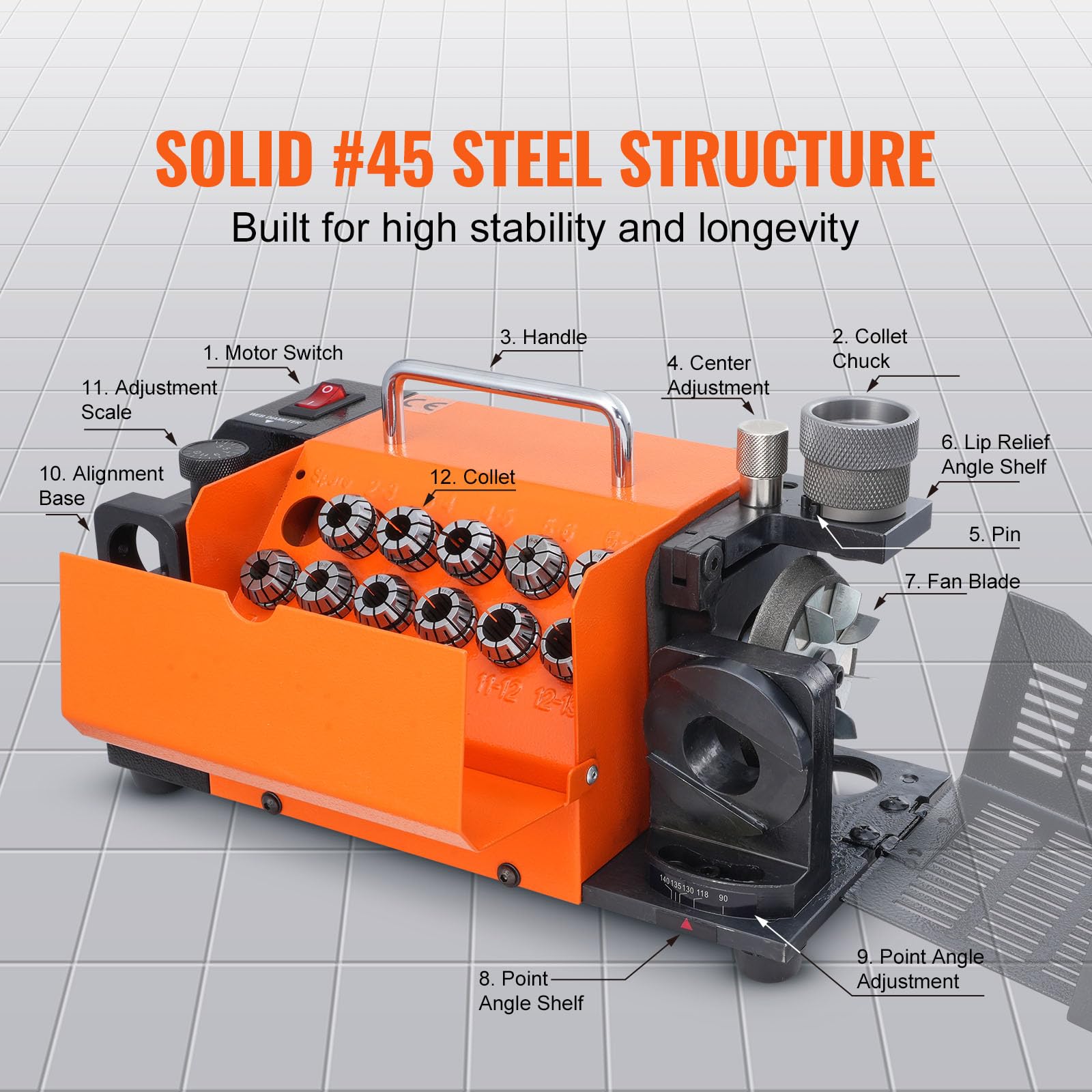 VEVOR MR-13A Drill Bit Sharpener - 3-13mm HSS Drill Bit Grinder with Adjustable 95°-135° Angle, 11 Collets & CBN Wheel | Portable Drill Bit Sharpening Machine for Woodworking, Metalworking & DIY Projects