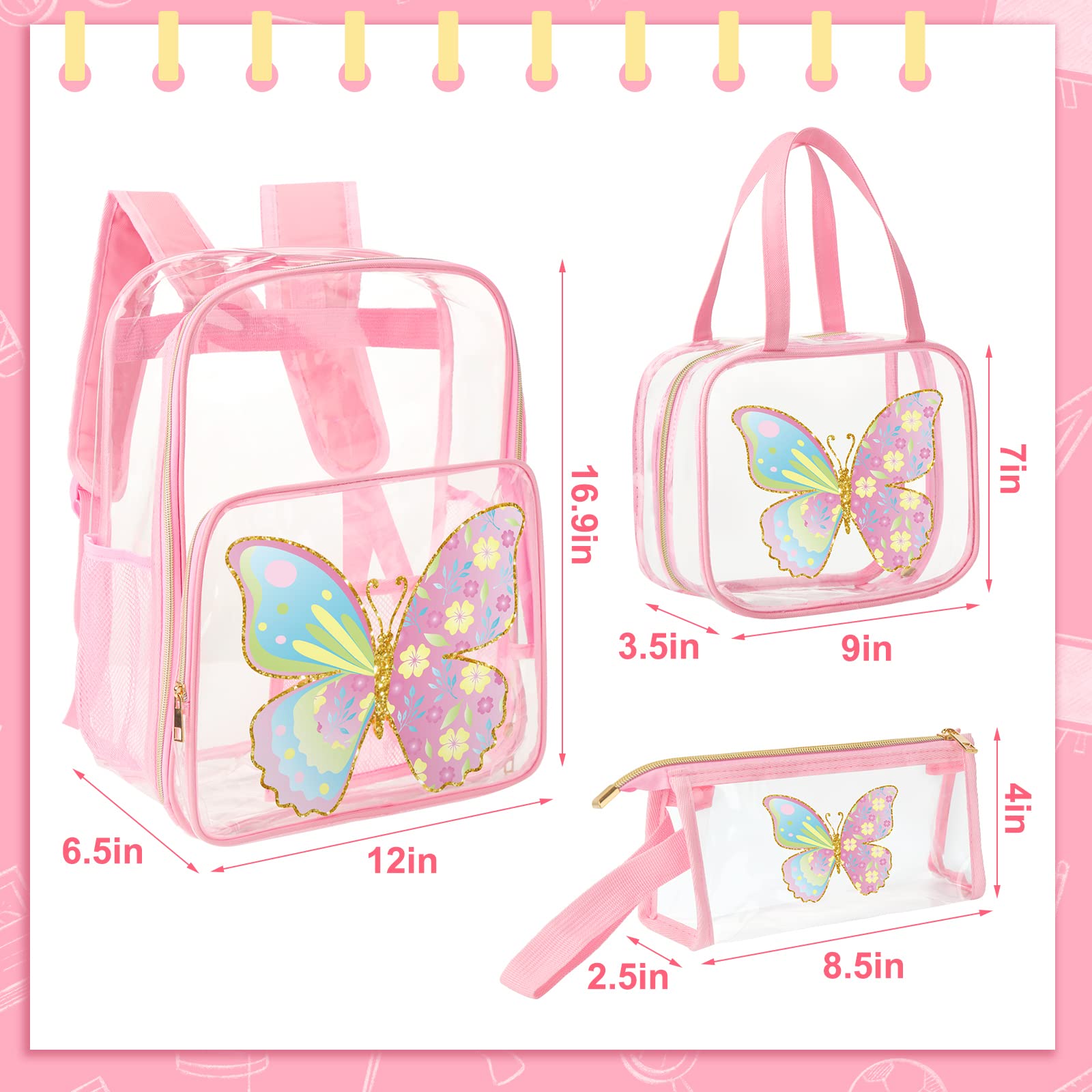 Kacctyen 3-Pack Pink Transparent Backpack Set for Kids - Heavy Duty Clear School Backpack with Lunch Bag (Rainbow & Butterfly Design) - Perfect for School, Travel, and Outdoor Activities