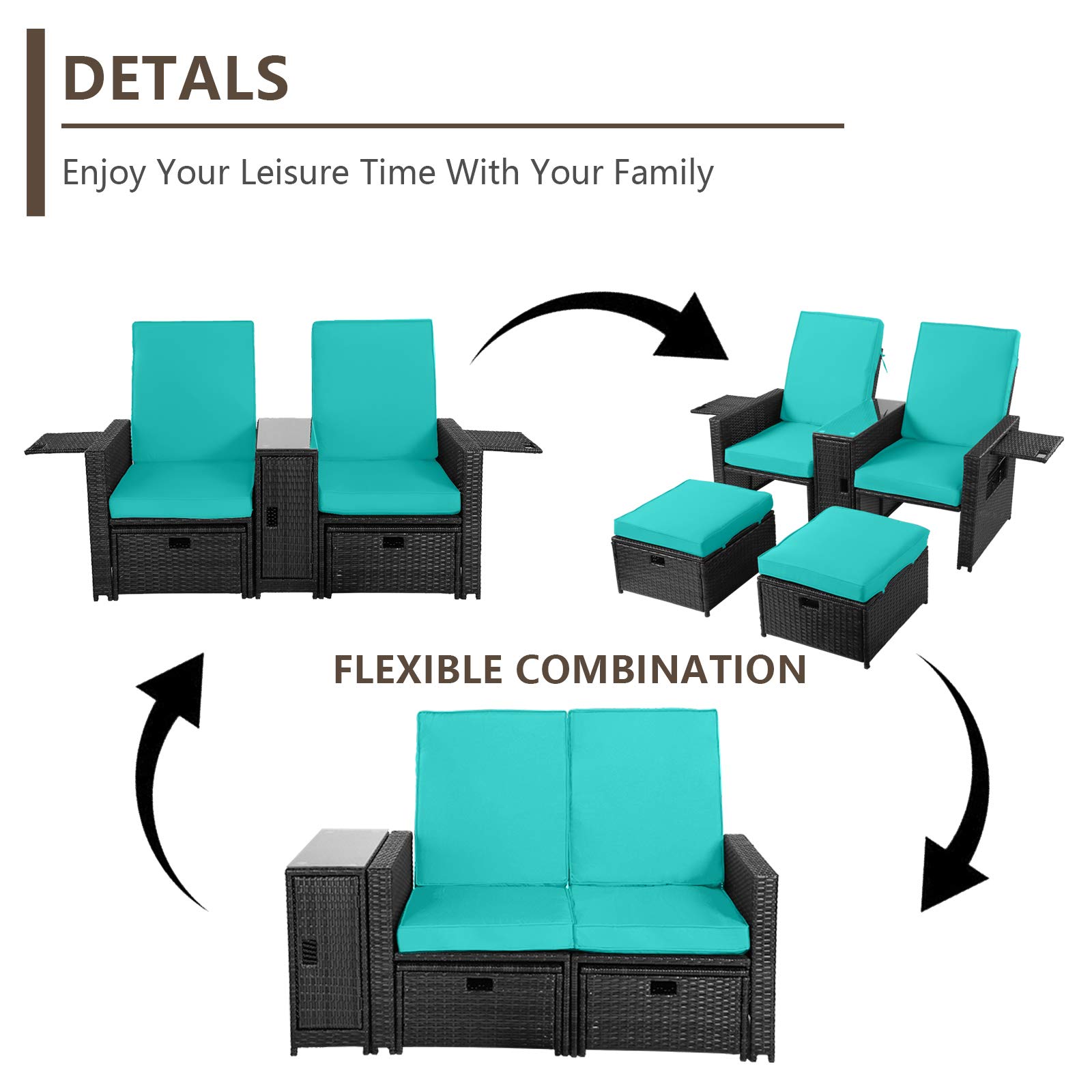 5PCS Outdoor PE Rattan Patio Furniture Set - Adjustable Backrest Loveseat Sofa, Coffee Table & Ottoman - Perfect for Garden, Beach, Poolside, Balcony, Backyard & Deck - Weather-Resistant Wicker Lounge Set for Relaxing Outdoors
