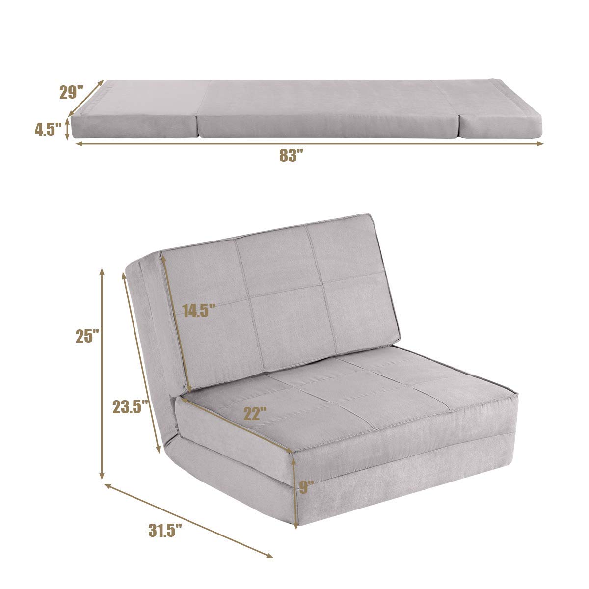 5-Position Convertible Sofa Chair - Foldable Bed Couch for Dorm, Living Room & Guest Room | Comfortable Adjustable Lounger for Gaming, Napping & Relaxing (Gray) - Perfect for Small Spaces & Multi-Functional Use