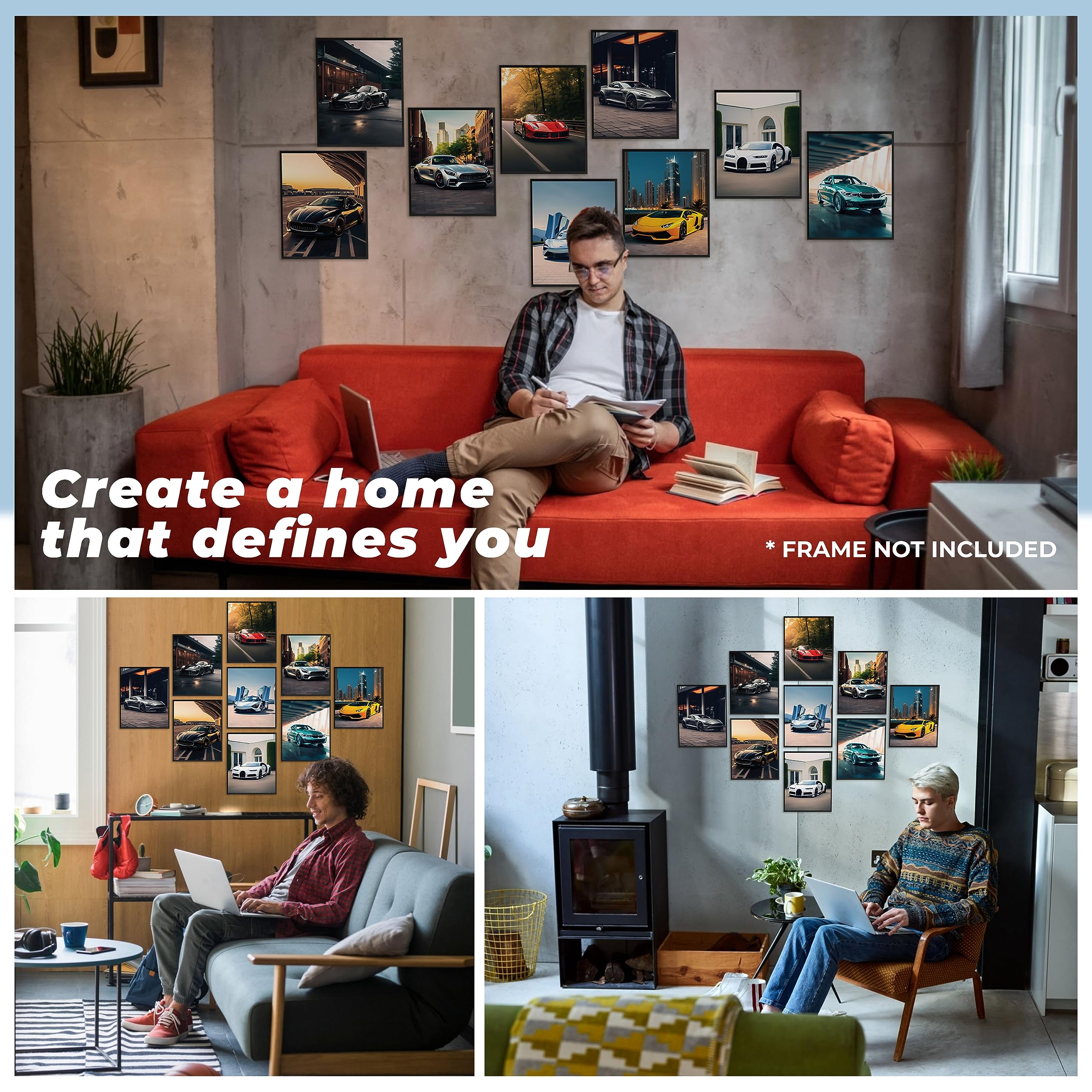 Modern Car Posters for Boys Room - 9pcs 8x10 Race Car Wall Art for Bedroom Decor
