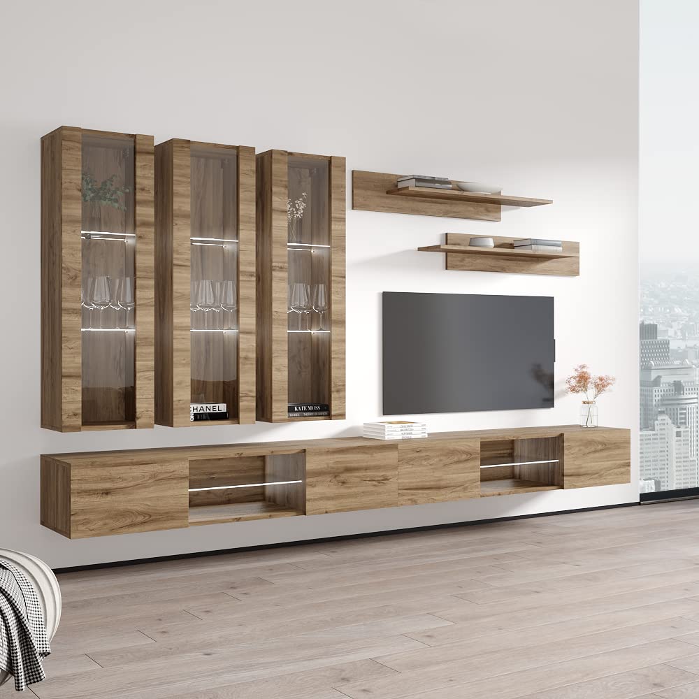 Modern Floating TV Stand with Storage & LED Lights - Wall-Mounted Entertainment Center for Living Room & Bedroom - Oak Wood TV Console with Shelves - Perfect for Small Spaces & Home Theater Setup