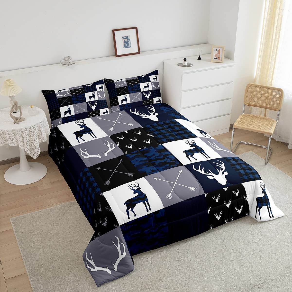 Manfei Camo Deer Antlers Comforter Set Twin - Geometric Plaid Patchwork Bedding 2pc for Kids & Teens (Blue Grey) | Boho Arrow Christmas Quilt with Duvet Insert & Pillowcase | Perfect for Boys/Girls Room Decor & Holiday Gift