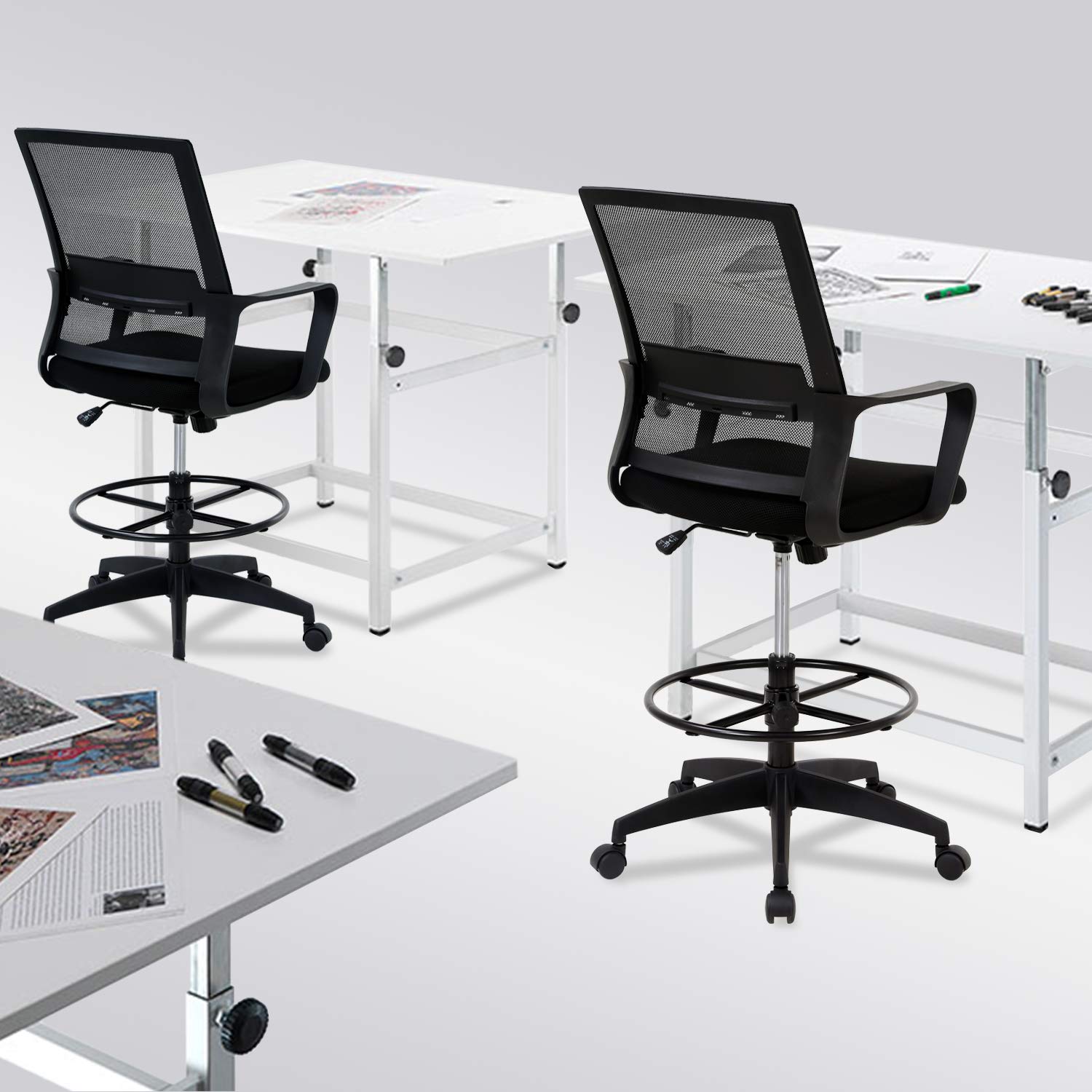 Ergonomic Adjustable Height Drafting Chair with Lumbar Support & Foot Ring - Mid Back Mesh Office Chair for Home & Workstation - Perfect for Architects, Designers & Long Hours Computer Work (Black)