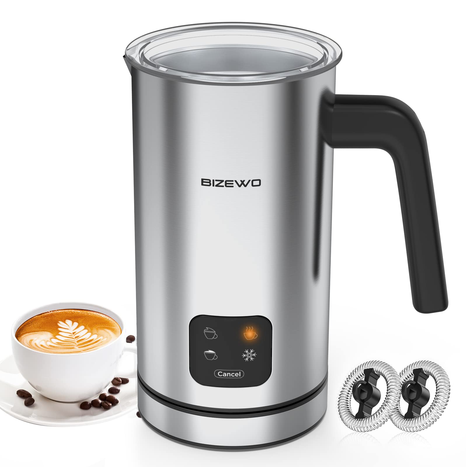 BIZEWO 4-in-1 Electric Milk Frother with Touch Screen - Warm & Cold Milk Steamer for Coffee, Latte, Cappuccino - Stainless Steel Automatic Milk Warmer - Perfect for Home, Office & Coffee Shops (Hot Chocolate, Macchiato)