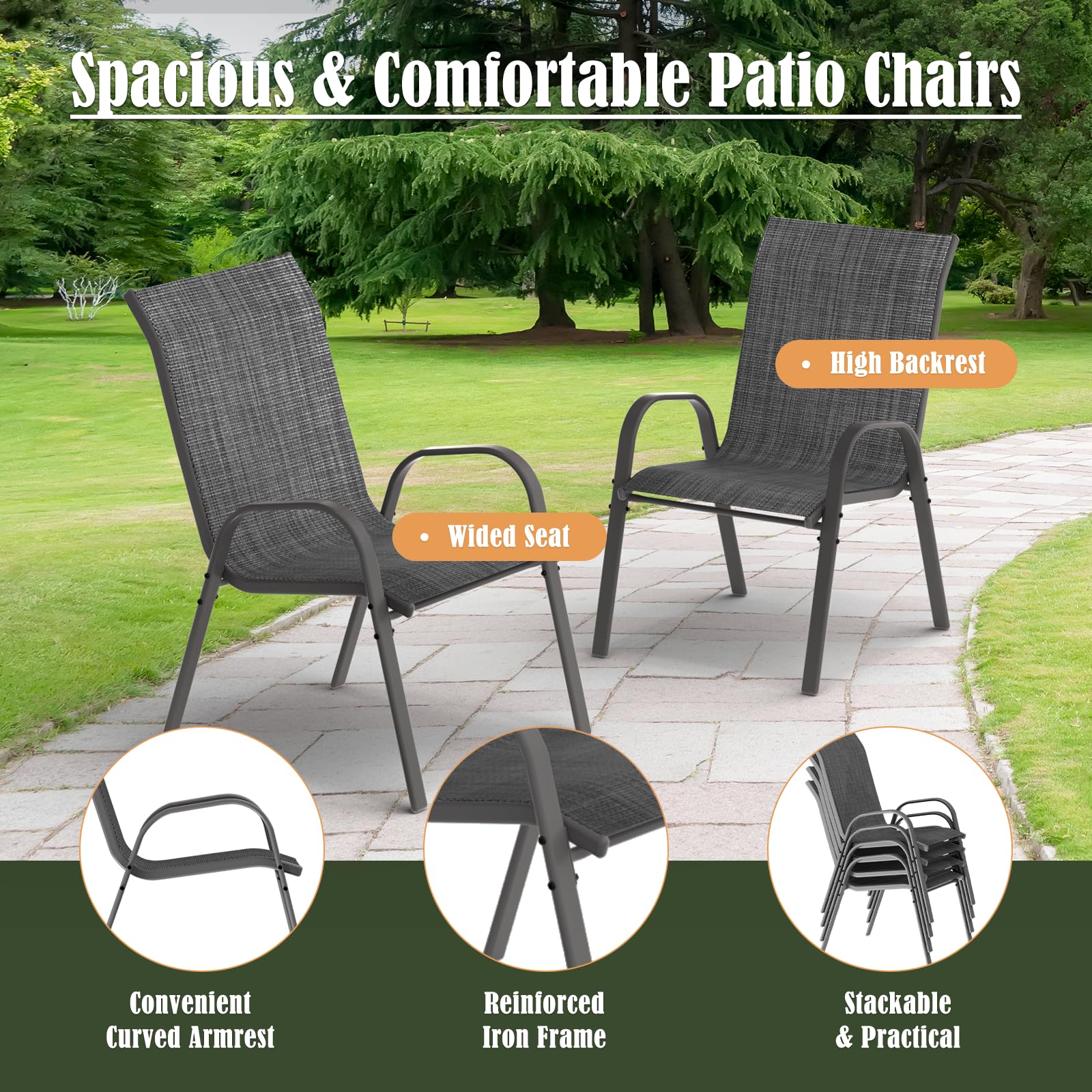 Amopatio 5-Piece Outdoor Dining Set with Textured Glass Tabletop & 4 Stackable Chairs - Patio, Balcony, Porch, Lawn Furniture - Dark Grey | Perfect for Backyard BBQs, Garden Parties & Outdoor Entertaining