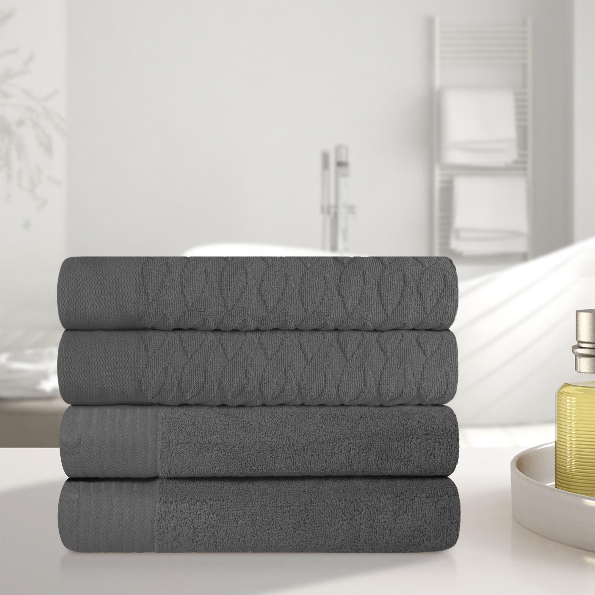 Premium Turkish Cotton Jacquard Herringbone & Solid 4-Piece Bath Towel Set - Ultra Soft & Absorbent Luxury Towels for Spa, Bathroom & Beach Use