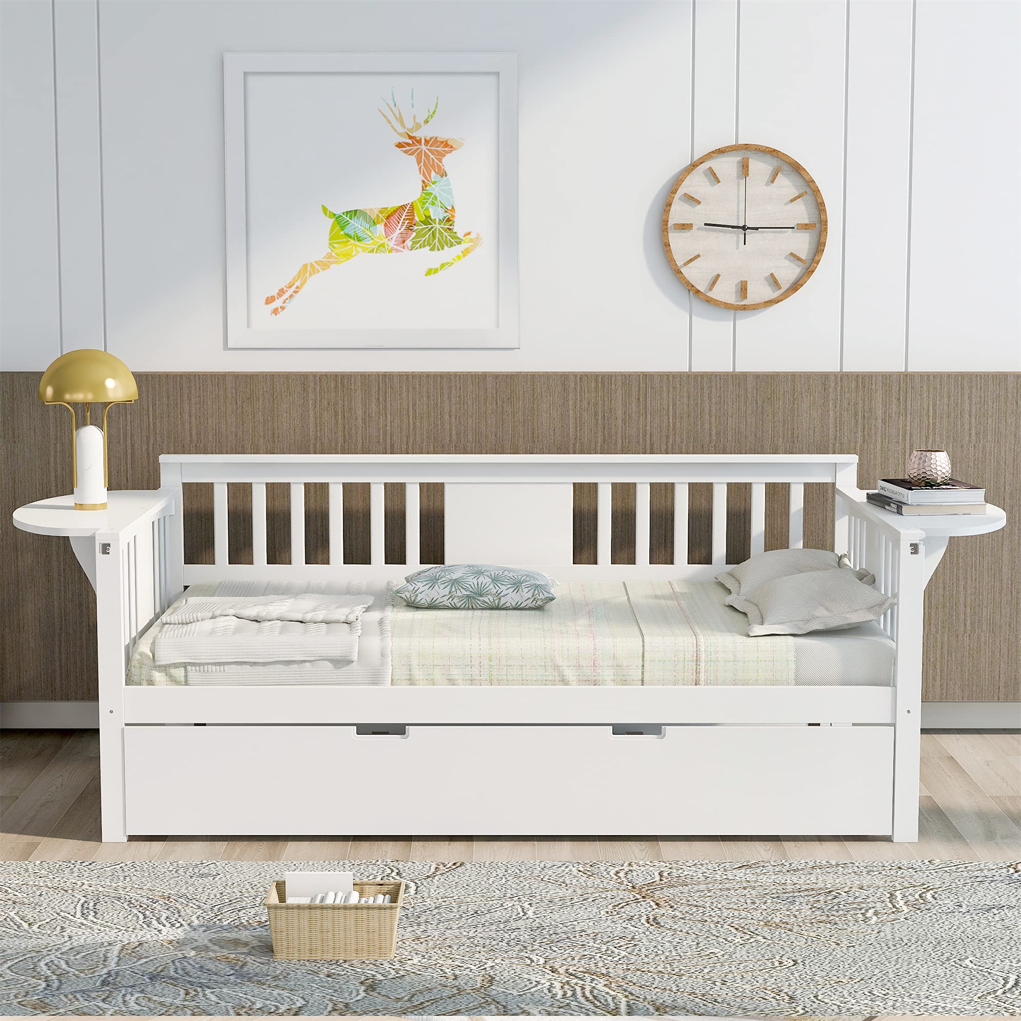Harper & Bright Designs Twin Size Daybed with Trundle - Convertible Wooden Sofa Bed for Bedroom, Living Room & Guest Room - Sturdy Wood Platform Bed Frame for Kids, Teens & Sleepovers (White) - Perfect for Small Spaces, Dorm Rooms & Multi-Purpose Furniture Needs