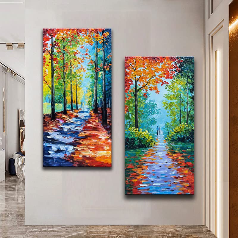 JELRINR Hand-Painted Autumn Landscape Oil Painting on Canvas - 24x48 Inch Contemporary Palette Knife Texture Artwork - Perfect for Living Room, Office & Wall Decor - Acrylic Home Art for Cozy Fall Ambiance