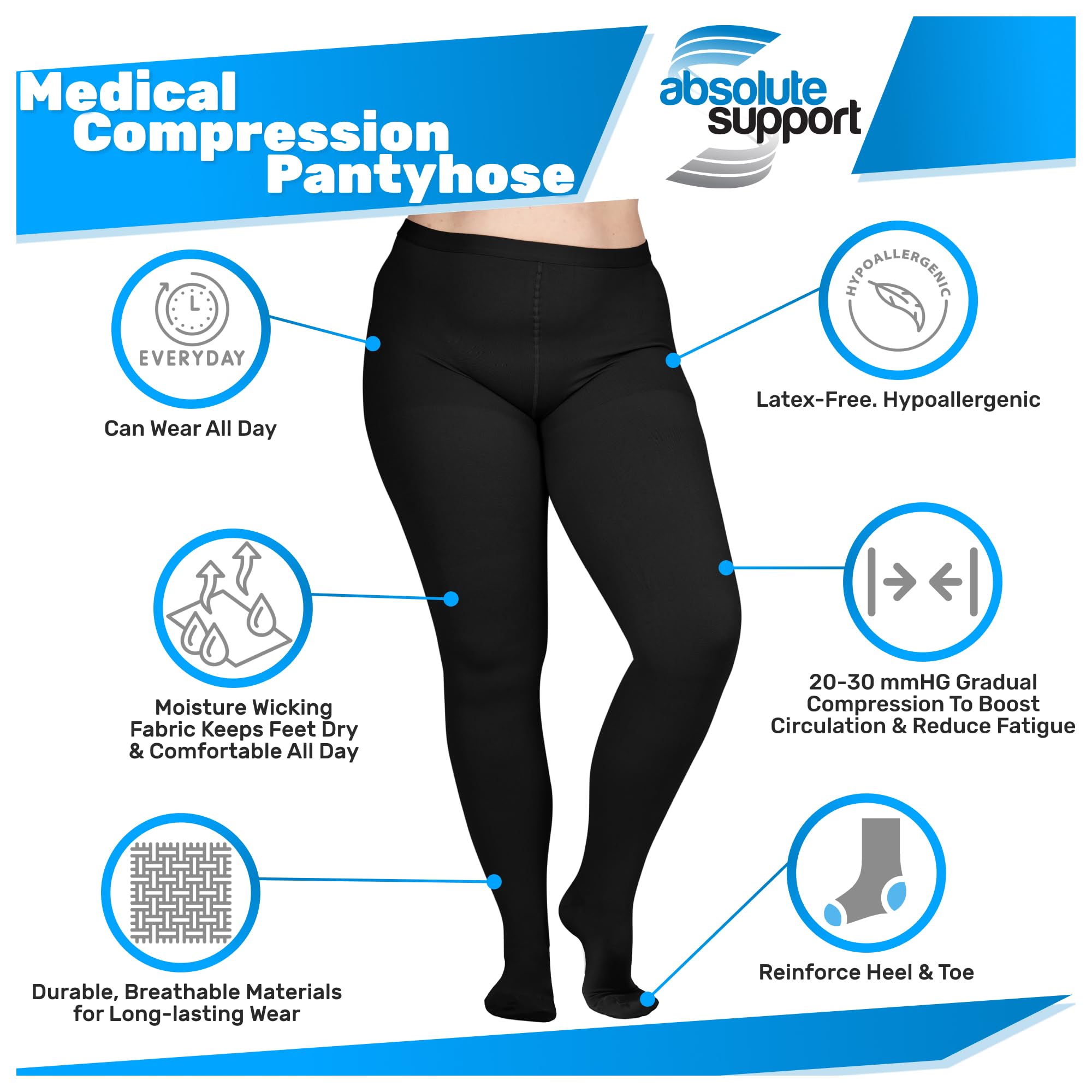 Women's 20-30mmHg Compression Tights (3 Pairs) - Black, Large - for Swelling & Circulation - Perfect for Travel & Recovery
