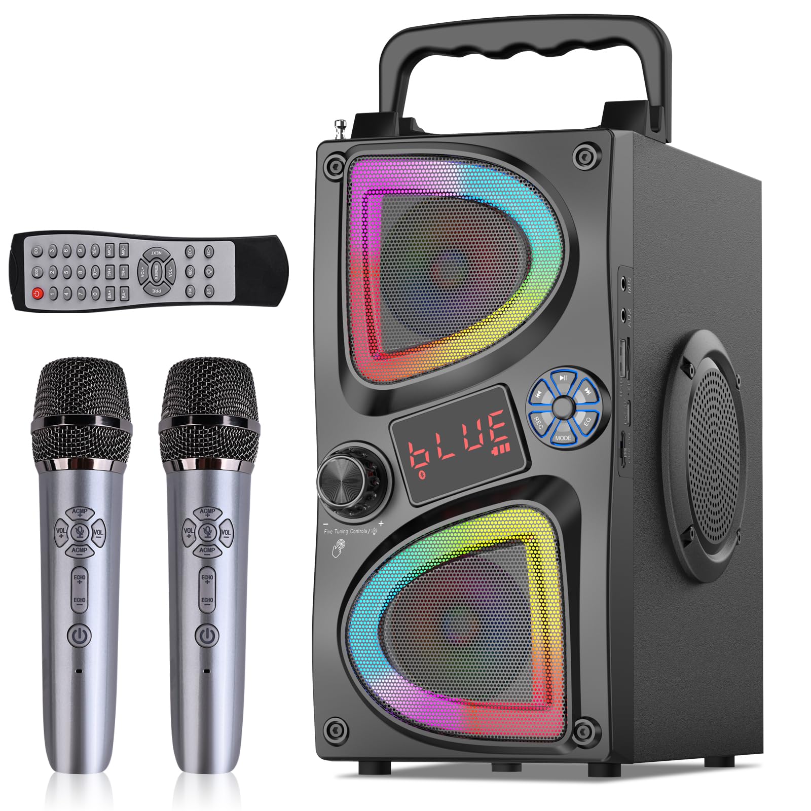 Portable Bluetooth Karaoke Machine with 2 Wireless Microphones & LED Lights - Singing Speaker for Kids & Adults - Perfect for Home Parties, Birthdays & Family Gatherings - Compatible with All Smartphones