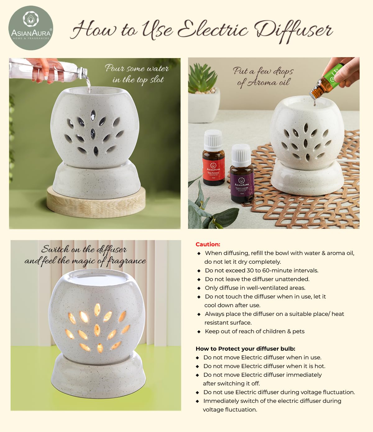 Asian Aura Handcrafted Ceramic Electric Aroma Diffuser - Round Essential Oil Diffuser for Aromatherapy, Home Decor & Fragrance with 10ml Lavender & Rose Scented Oils | Perfect for Bedroom, Yoga Studio & Spa Relaxation