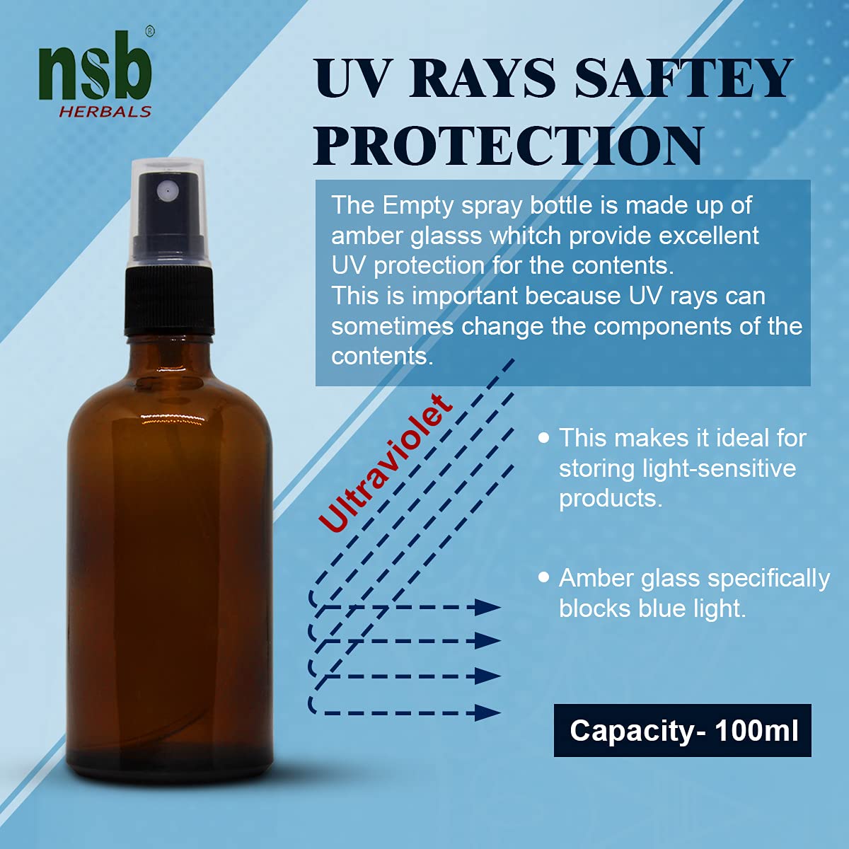 NSB Herbals 100ml Refillable Amber Glass Bottle with Fine Mist Spray Pump - Perfect for DIY Perfume, Essential Oils, Aromatherapy Blends, Facial Mists & Beauty Products (1-Pack, Black) - Ideal for Home, Travel & Skincare Routine