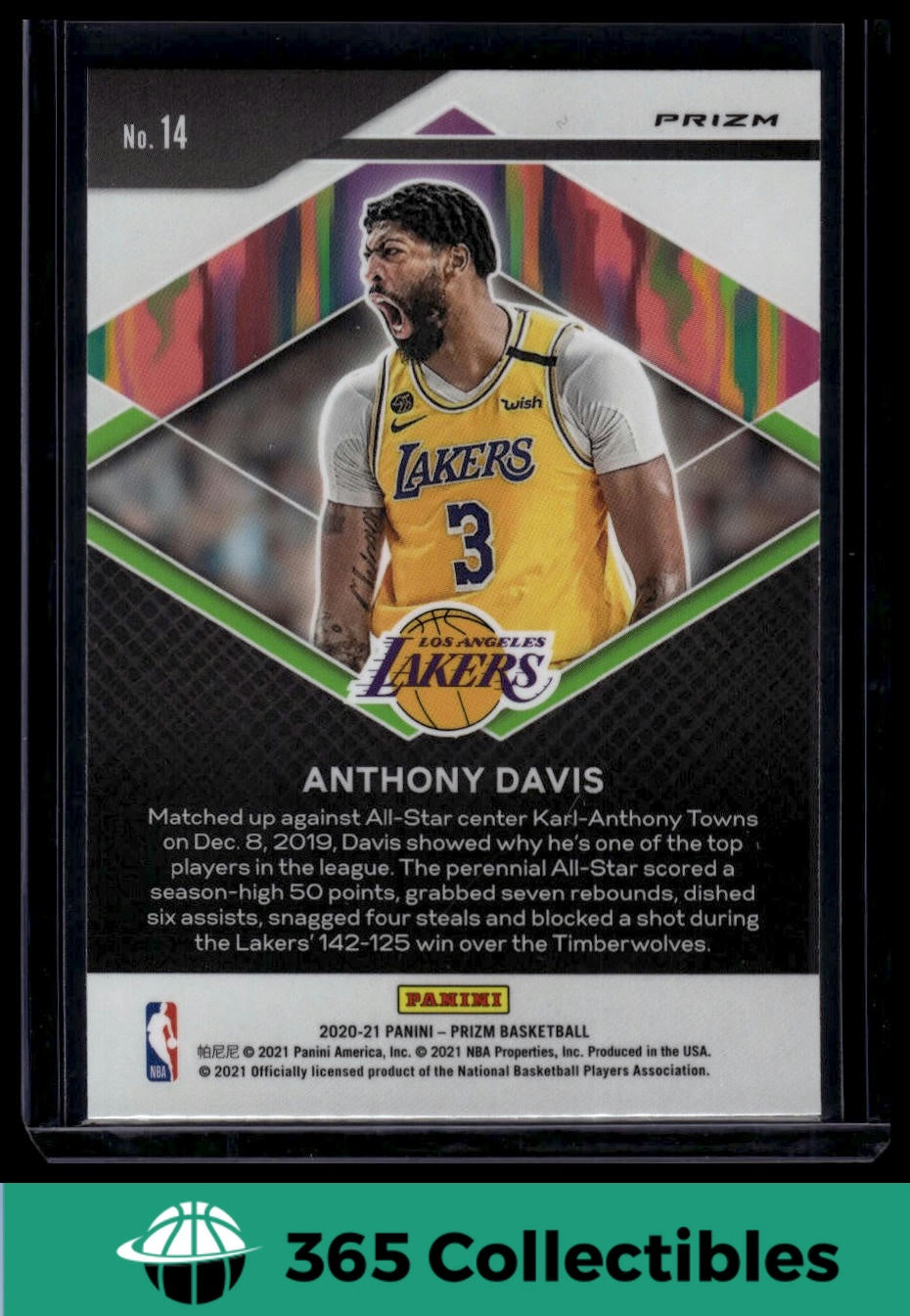 2020-21 Panini Prizm Anthony Davis #14 Basketball Card - Los Angeles Lakers NBA Trading Card for Collectors & Fans - Perfect for Sports Memorabilia Collections, Gifts, and Display