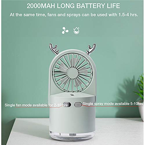 Mini USB Humidifier with Fan - Cute Deer Design, Rechargeable 2000mAh Battery, 2 Mist Modes & 3 Speed Settings, 240ml Capacity for Bedroom, Office, Baby Room, Car & Travel (Green) - Perfect for Dry Air Relief and Aromatherapy