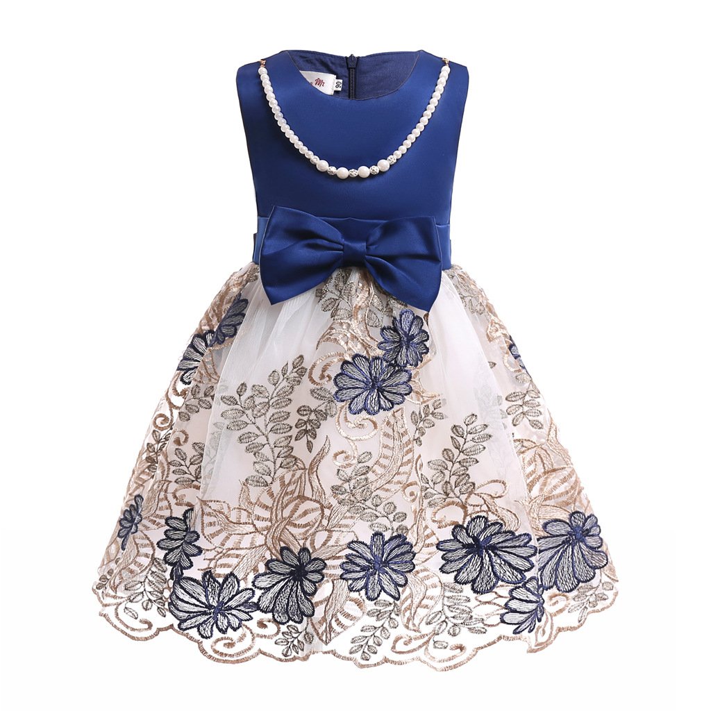 Cossky Girls' Embroidered Pearl Chain Princess Dress - Elegant Pageant, Wedding & Birthday Party Gown for Little Big Girls | Perfect for Special Occasions, Photo Shoots & Formal Events