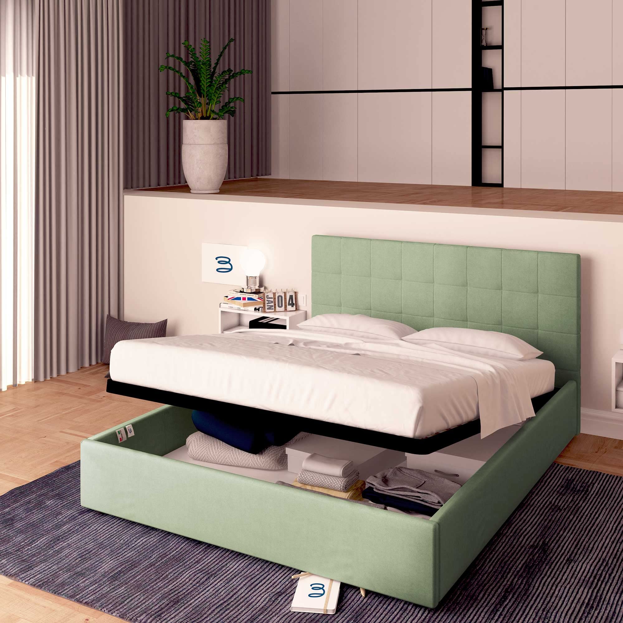Baldiflex Dublin Fabric Double Bed Frame with Storage, Slatted Base for Single Mattresses, 160 x 200 cm, Elegant Mint Green Headboard - Perfect for Small Bedrooms & Guest Rooms