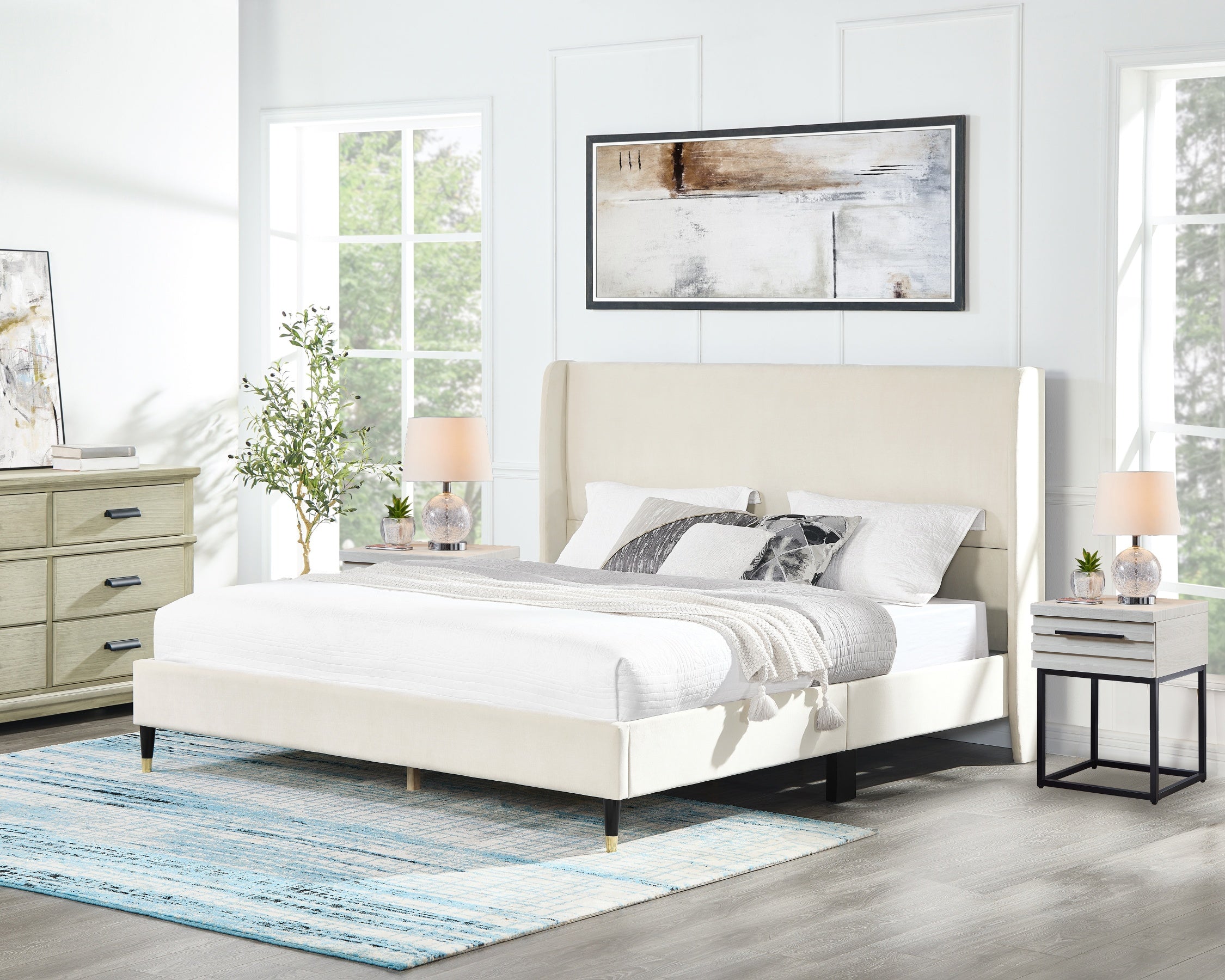 Roundhill Furniture Arles 3-Piece Upholstered Bedroom Set - Wingback Platform Bed with 2 Nightstands for Master Bedroom, Guest Room & Apartment Decor