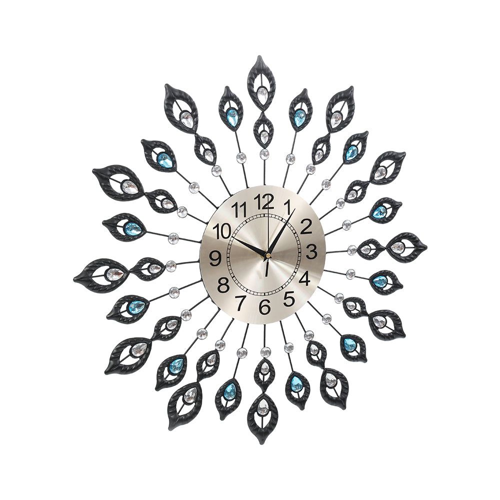 Artiss 60CM Peacock Wall Clock - Large 3D Modern Crystal Luxury Round Wall Clock for Home Decor (Black) - Perfect for Living Room, Bedroom & Office Decoration