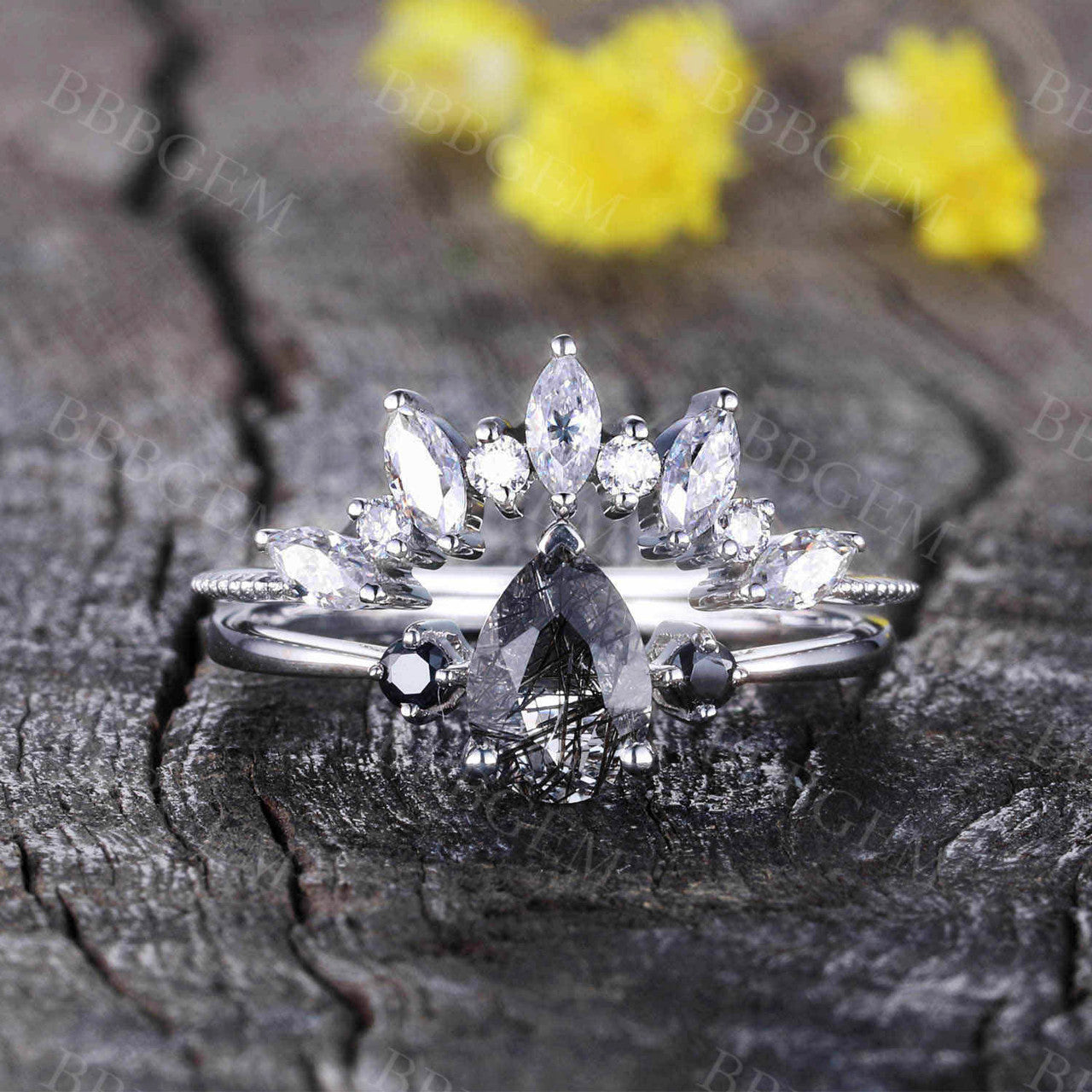 Pear Black Rutilated Quartz Bridal Ring Set in White Gold with Diamond Cluster - Elegant Engagement & Wedding Jewelry for Brides, Anniversary Gifts, and Special Occasions