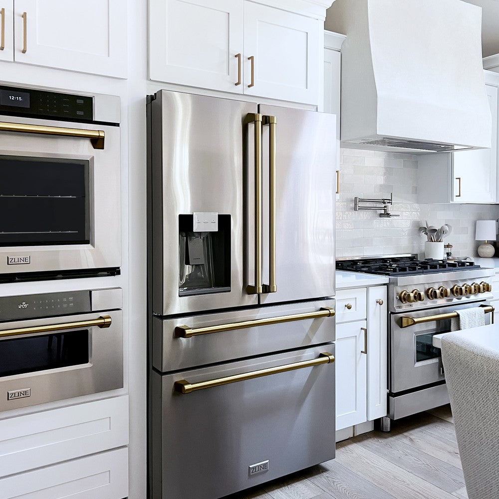 ZLINE Autograph Edition 36-Inch Counter Depth French Door Refrigerator - 21.6 cu.ft Capacity, Fingerprint Resistant Stainless Steel with Champagne Bronze Handles, Built-In Water and Ice Dispenser (RFMZ W 36 CB) - Perfect for Modern Kitchens, Open-Concept Homes, and Gourmet Cooking Spaces