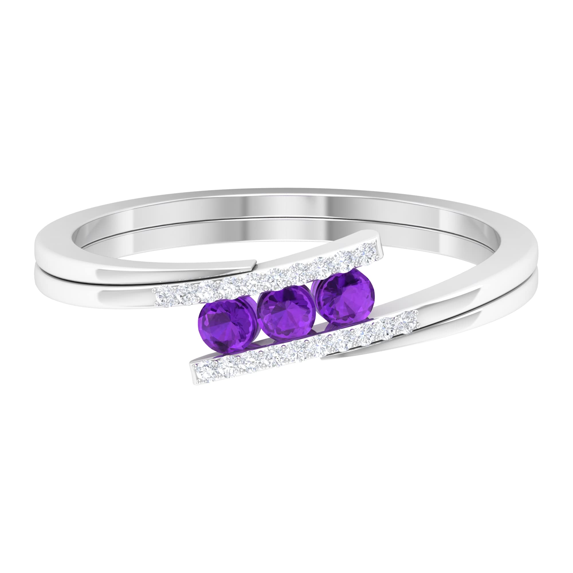 1/4 CT Natural Amethyst and Diamond Ring in 14K Solid Gold | Three Stone Violet Amethyst Bypass Ring | Elegant Jewelry for Engagement, Anniversary & Special Occasions